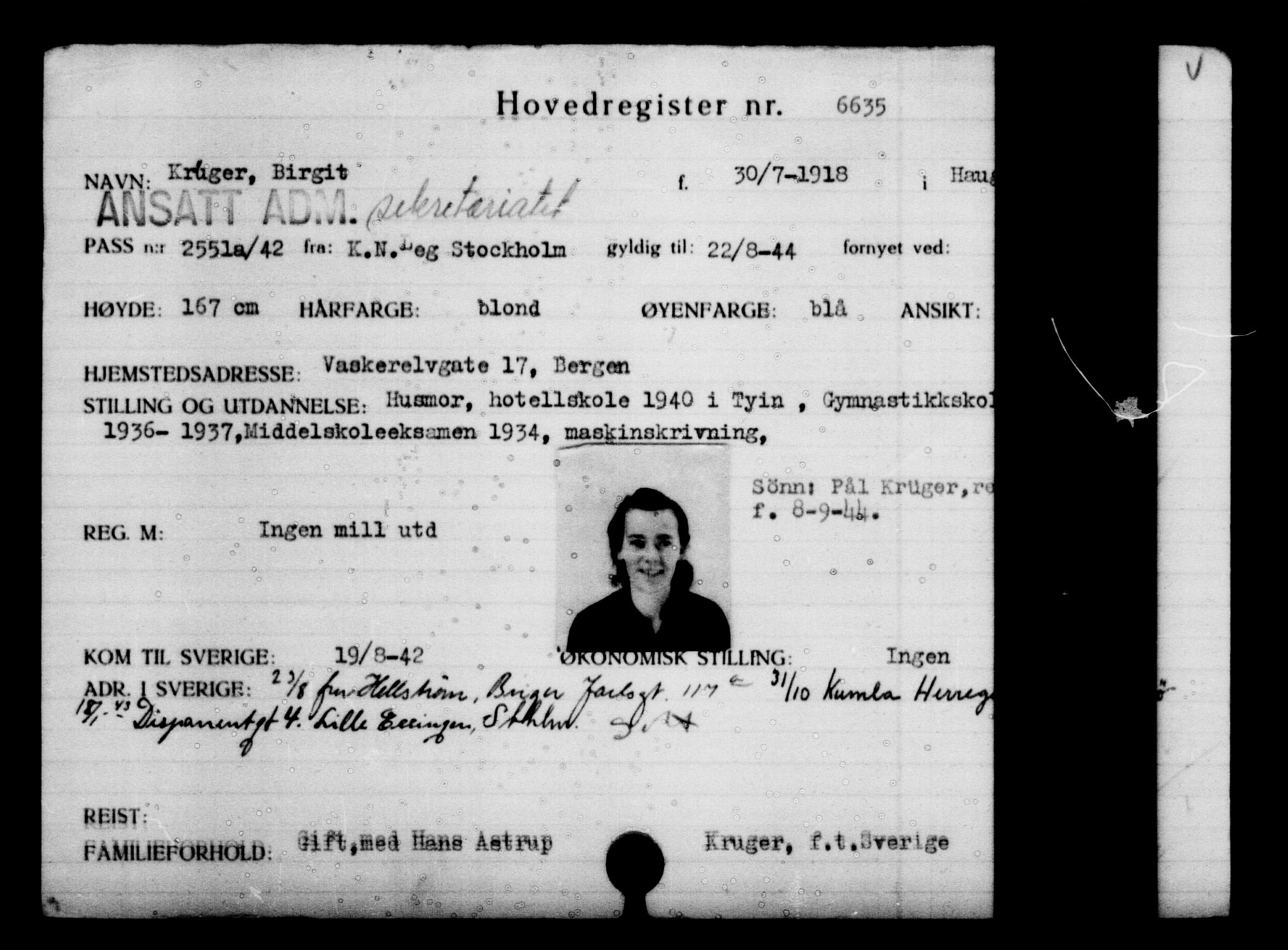 Utenriksstasjonene, Legasjonen i Stockholm, Flyktningkontoret, AV/RA-S-6753/V/Va/L0005: Kjesäterkartoteket, flyktning nr. 6600-9417, 1940-1945, s. 46