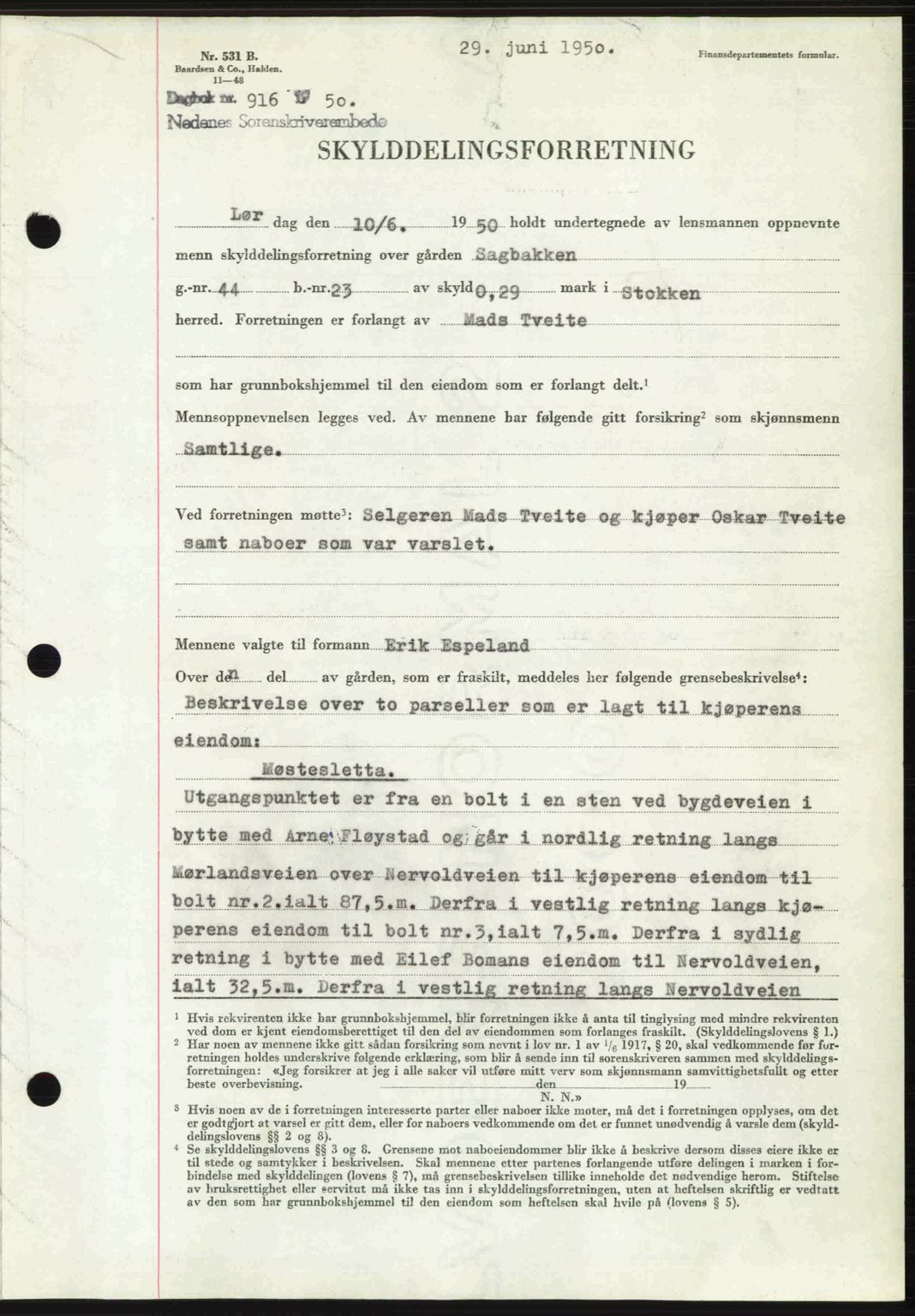 Nedenes sorenskriveri, SAK/1221-0006/G/Gb/Gba/L0062: Pantebok nr. A14, 1949-1950, Dagboknr: 916/1950