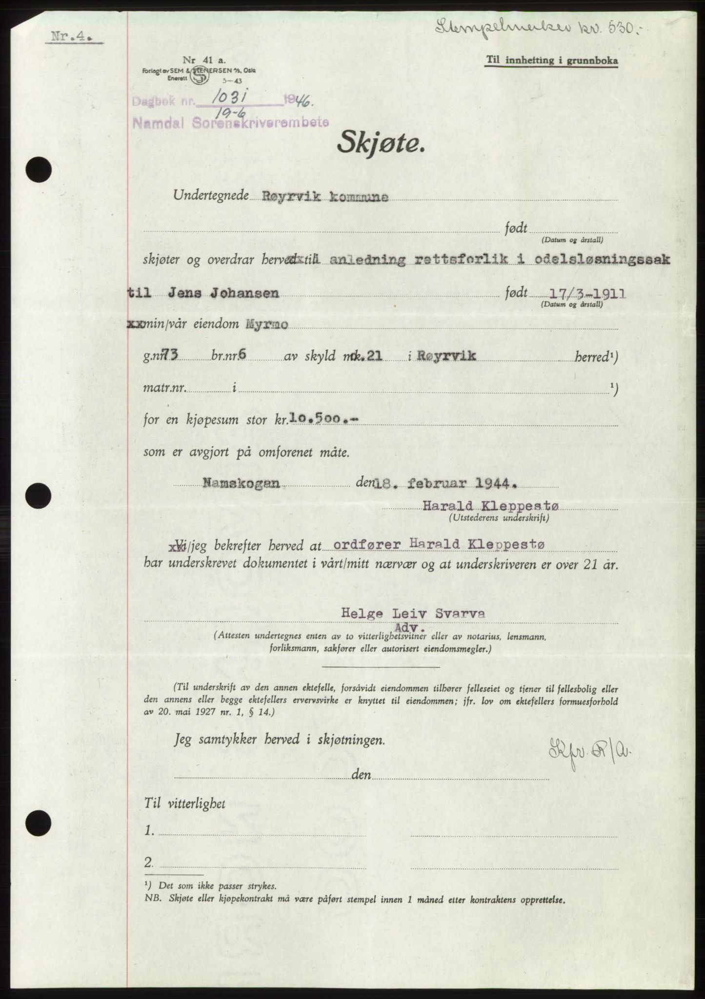 Namdal sorenskriveri, SAT/A-4133/1/2/2C: Pantebok nr. -, 1946-1946, Dagboknr: 1031/1946