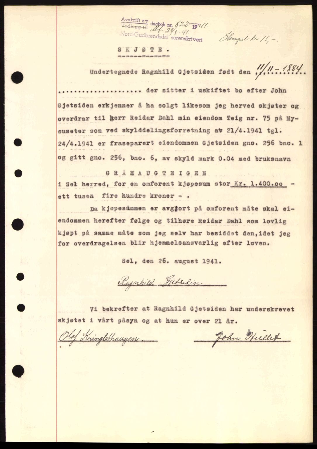 Nord-Gudbrandsdal tingrett, SAH/TING-002/H/Hb/Hbb/L0007: Pantebok nr. FA7, 1941-1941, Dagboknr: 822/1941