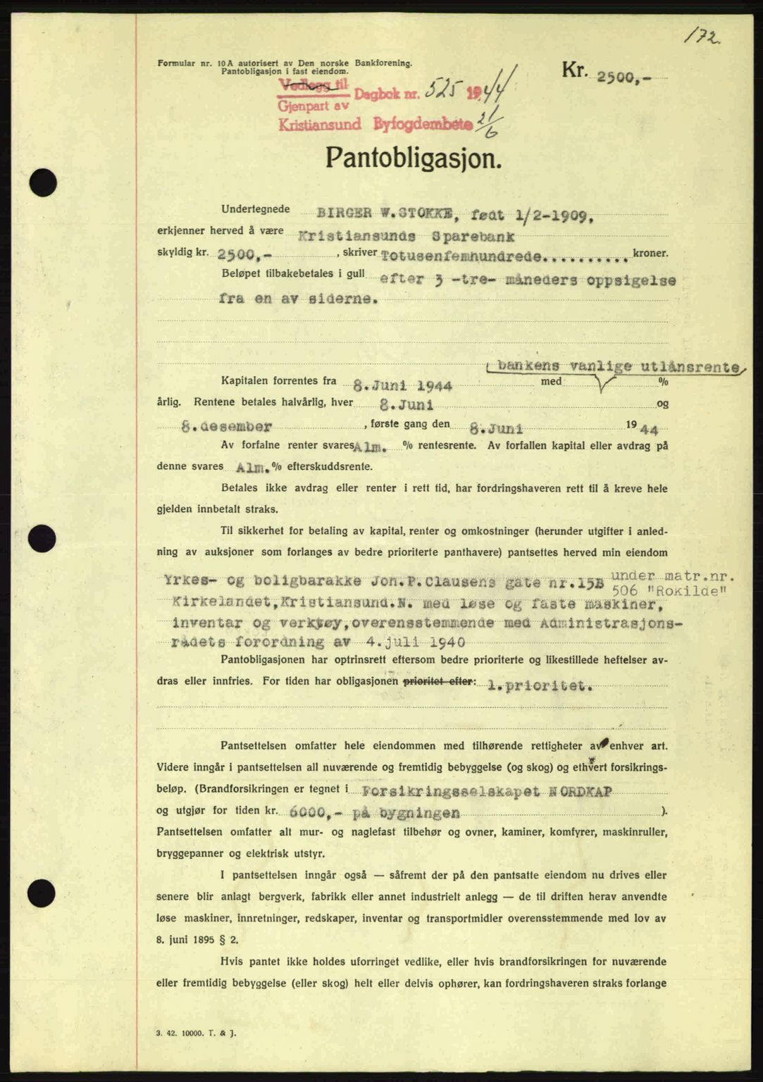 Kristiansund byfogd, AV/SAT-A-4587/A/27: Pantebok nr. 37-38, 1943-1945, Dagboknr: 525/1944