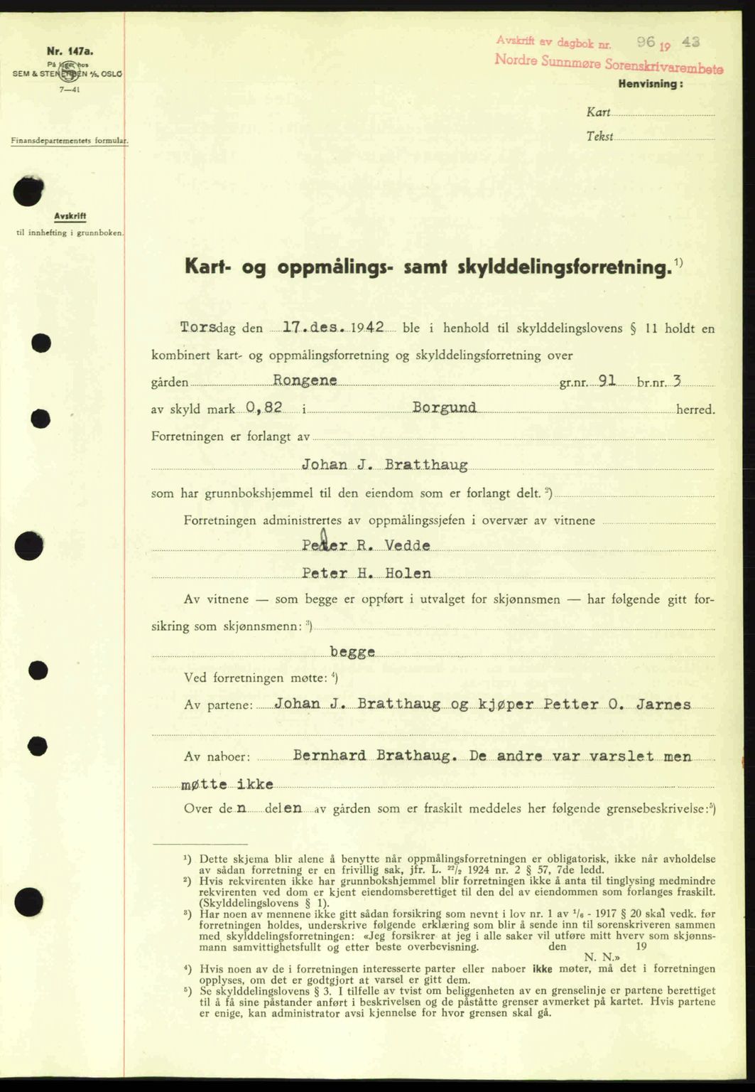 Nordre Sunnmøre sorenskriveri, AV/SAT-A-0006/1/2/2C/2Ca: Pantebok nr. A15, 1942-1943, Dagboknr: 96/1943