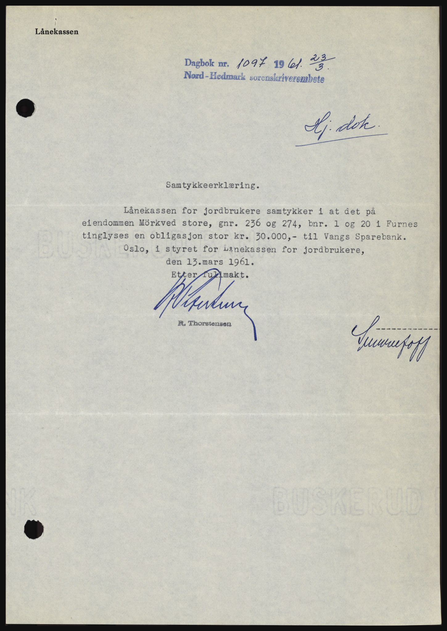 Nord-Hedmark sorenskriveri, SAH/TING-012/H/Hc/L0015: Pantebok nr. 15, 1961-1961, Dagboknr: 1097/1961