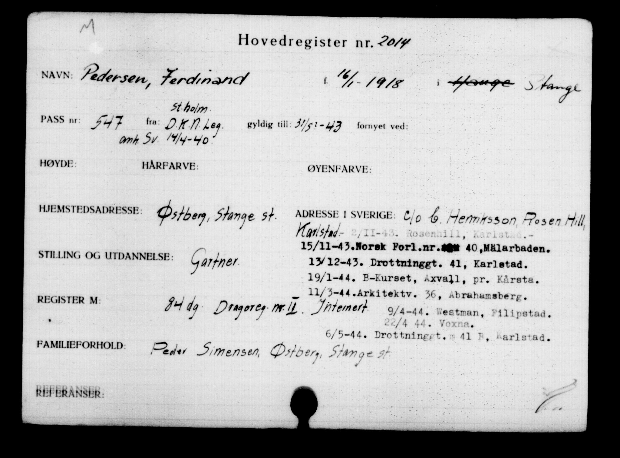 Utenriksstasjonene, Legasjonen i Stockholm, Flyktningkontoret, AV/RA-S-6753/V/Va/L0003: Kjesäterkartoteket, flyktninger med registreringsnr. 2001-3495, 1940-1945, s. 19