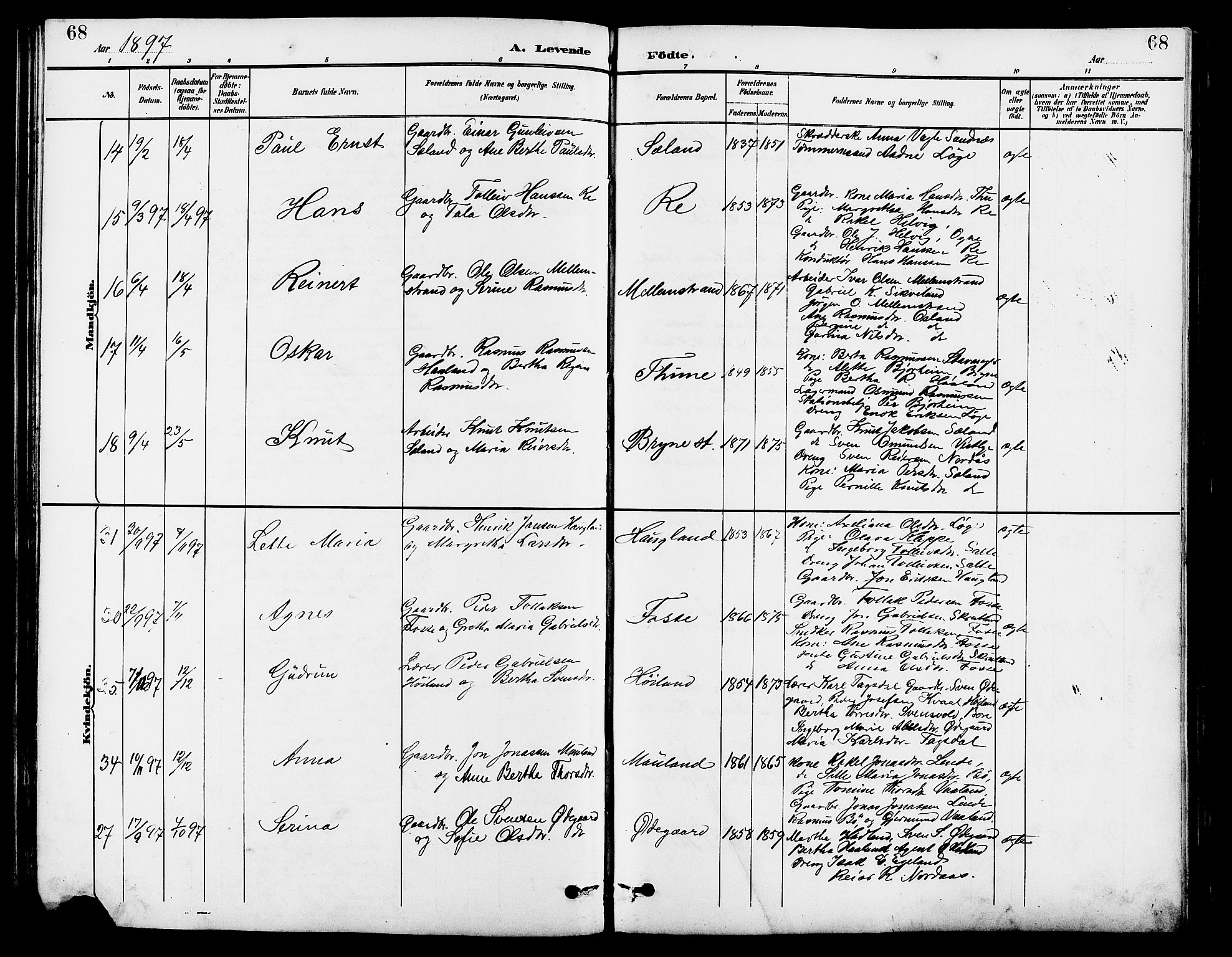 Lye sokneprestkontor, AV/SAST-A-101794/001/30BB/L0007: Klokkerbok nr. B 8, 1889-1909, s. 68