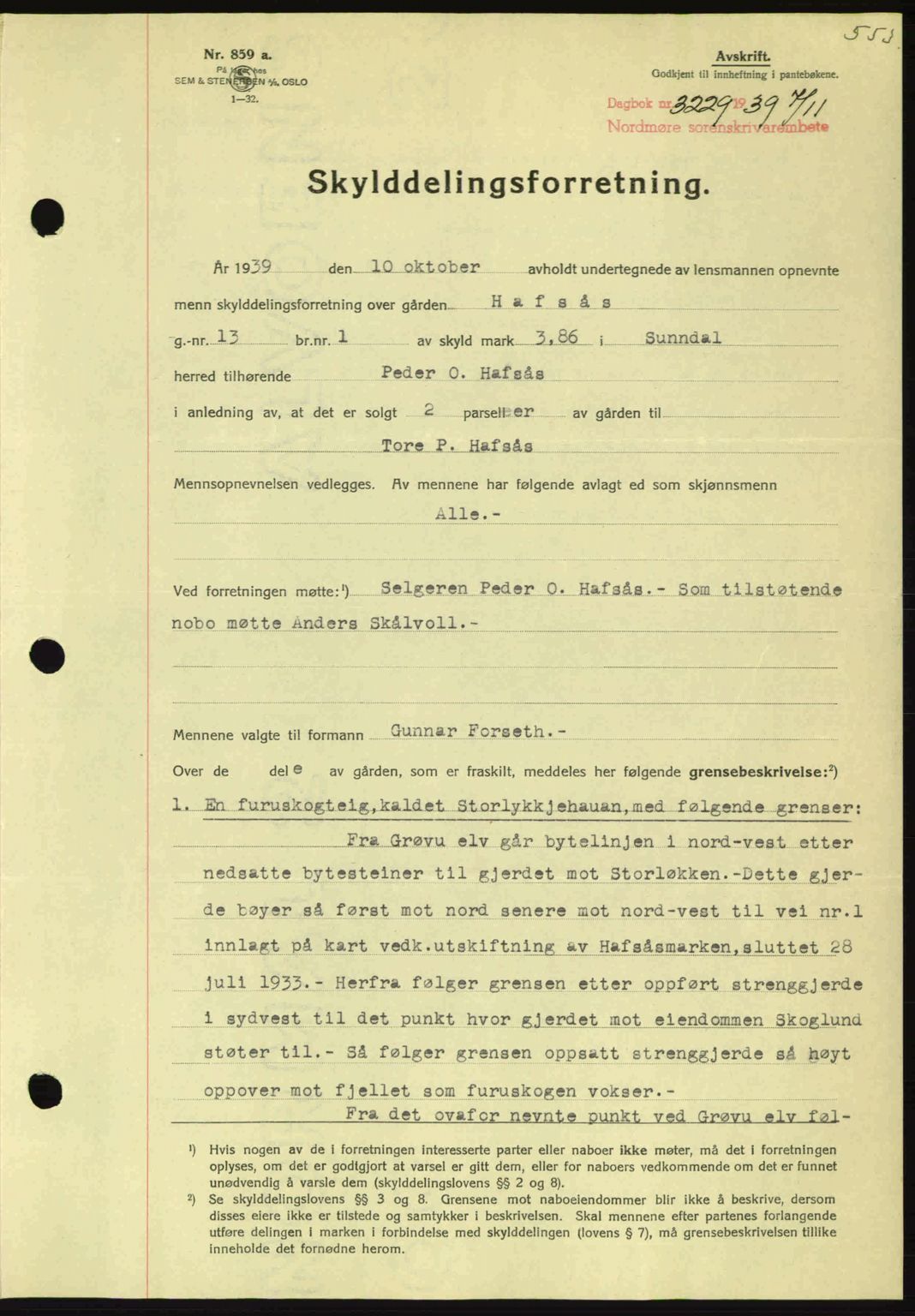 Nordmøre sorenskriveri, SAT/A-4132/1/2/2Ca: Pantebok nr. A87, 1939-1940, Dagboknr: 3229/1939