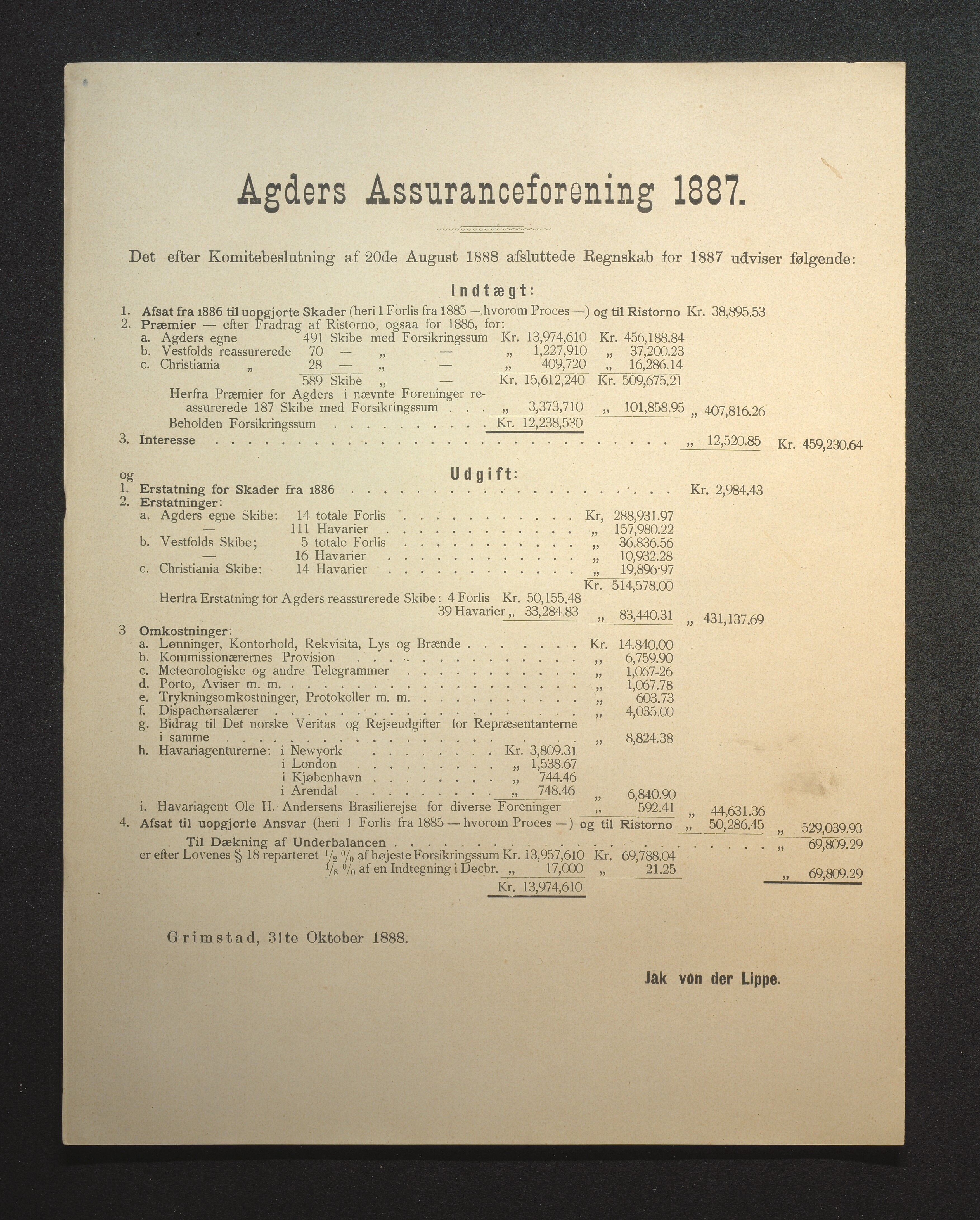 Agders Gjensidige Assuranceforening, AAKS/PA-1718/05/L0002: Regnskap, seilavdeling, pakkesak, 1881-1889