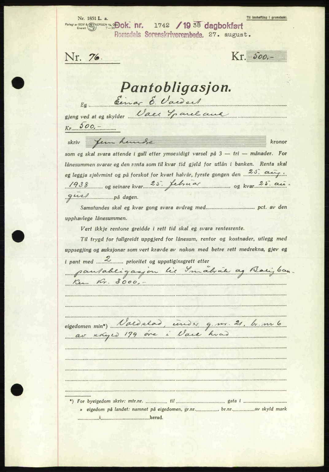 Romsdal sorenskriveri, SAT/A-4149/1/2/2C: Pantebok nr. B1, 1936-1939, Dagboknr: 1742/1938