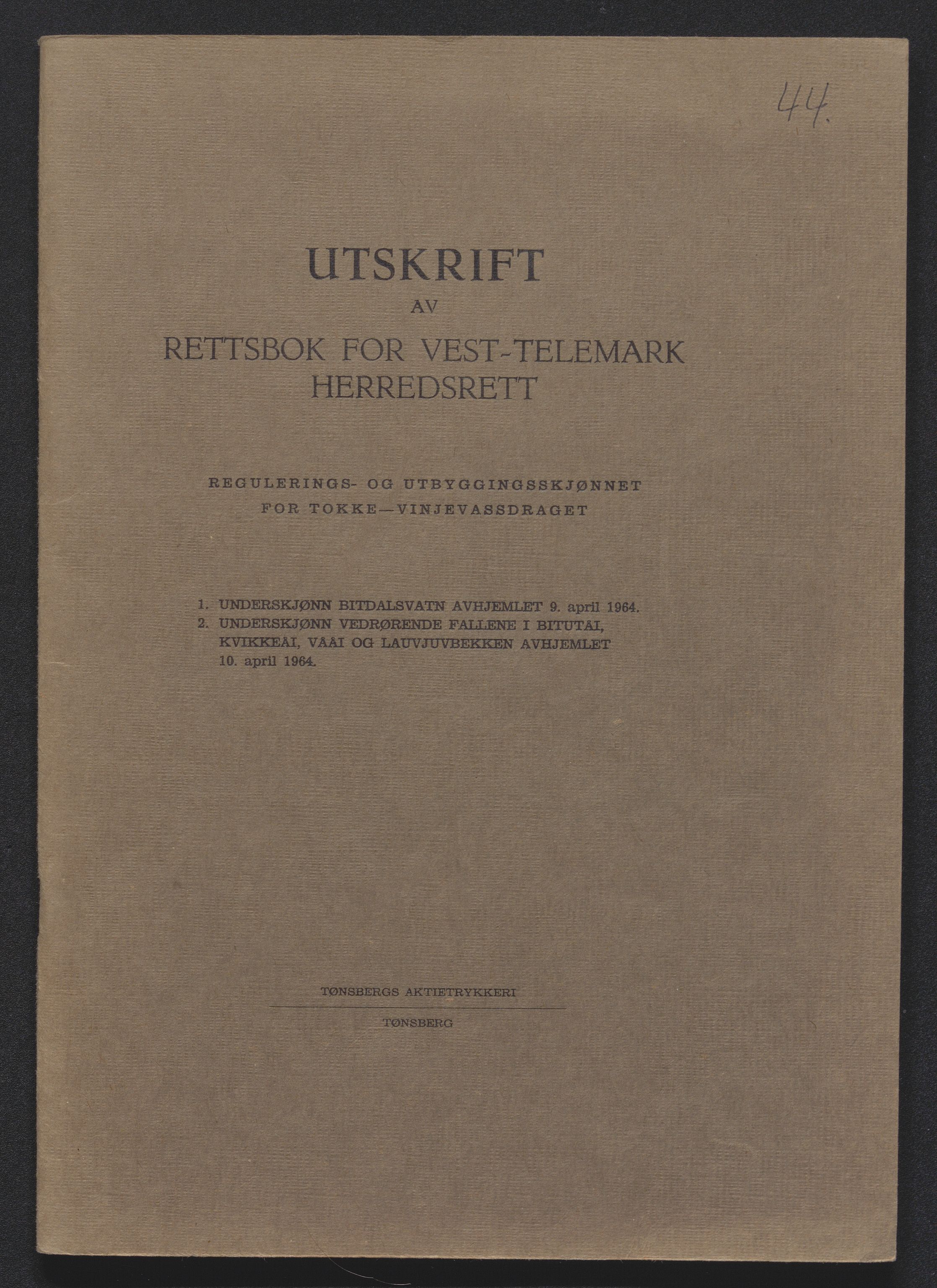 Vest-Telemark sorenskriveri, AV/SAKO-A-134/F/Fo/Foc/L0002: Tokke og Vinjevassdraget rettsbøker, 1964-1973, s. 1