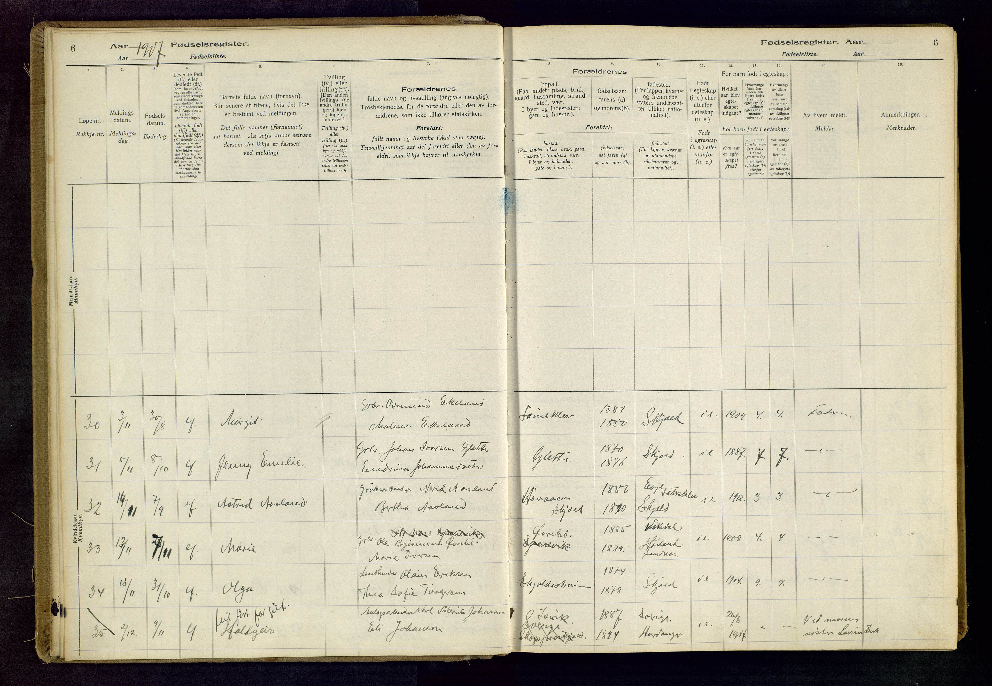 Skjold sokneprestkontor, AV/SAST-A-101847/I/Id/L0001: Fødselsregister nr. 1, 1917-1951, s. 6