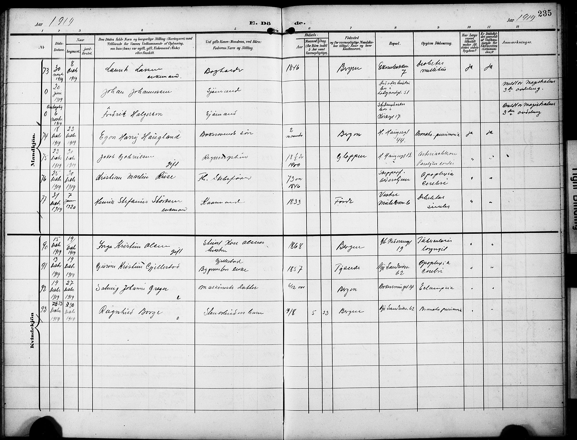 Sandviken Sokneprestembete, AV/SAB-A-77601/H/Hb/L0017: Klokkerbok nr. E 1, 1903-1926, s. 235