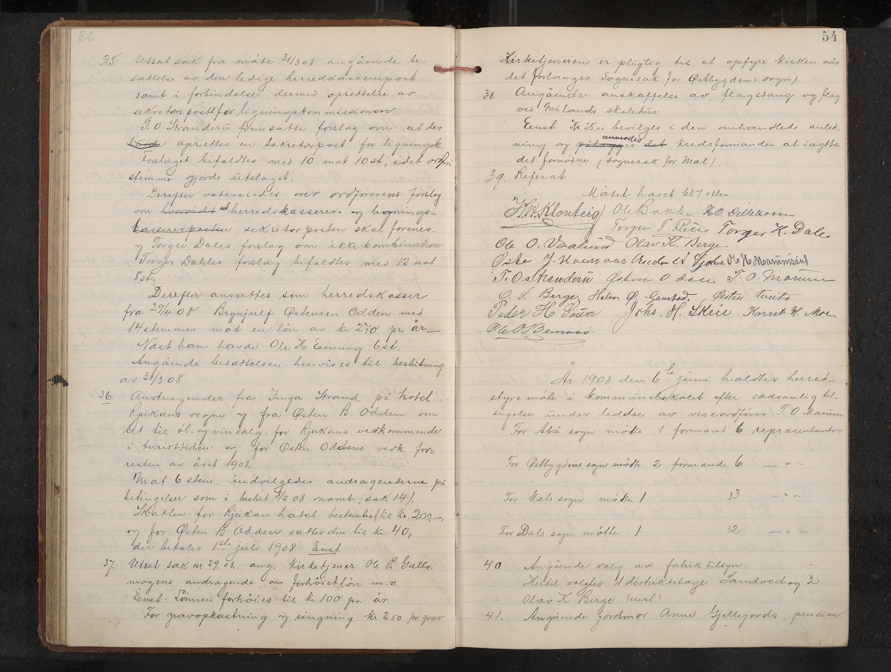 Tinn formannskap og sentraladministrasjon, IKAK/0826021-1/A/Aa/L0003: Møtebok med register, 1904-1914, s. 54