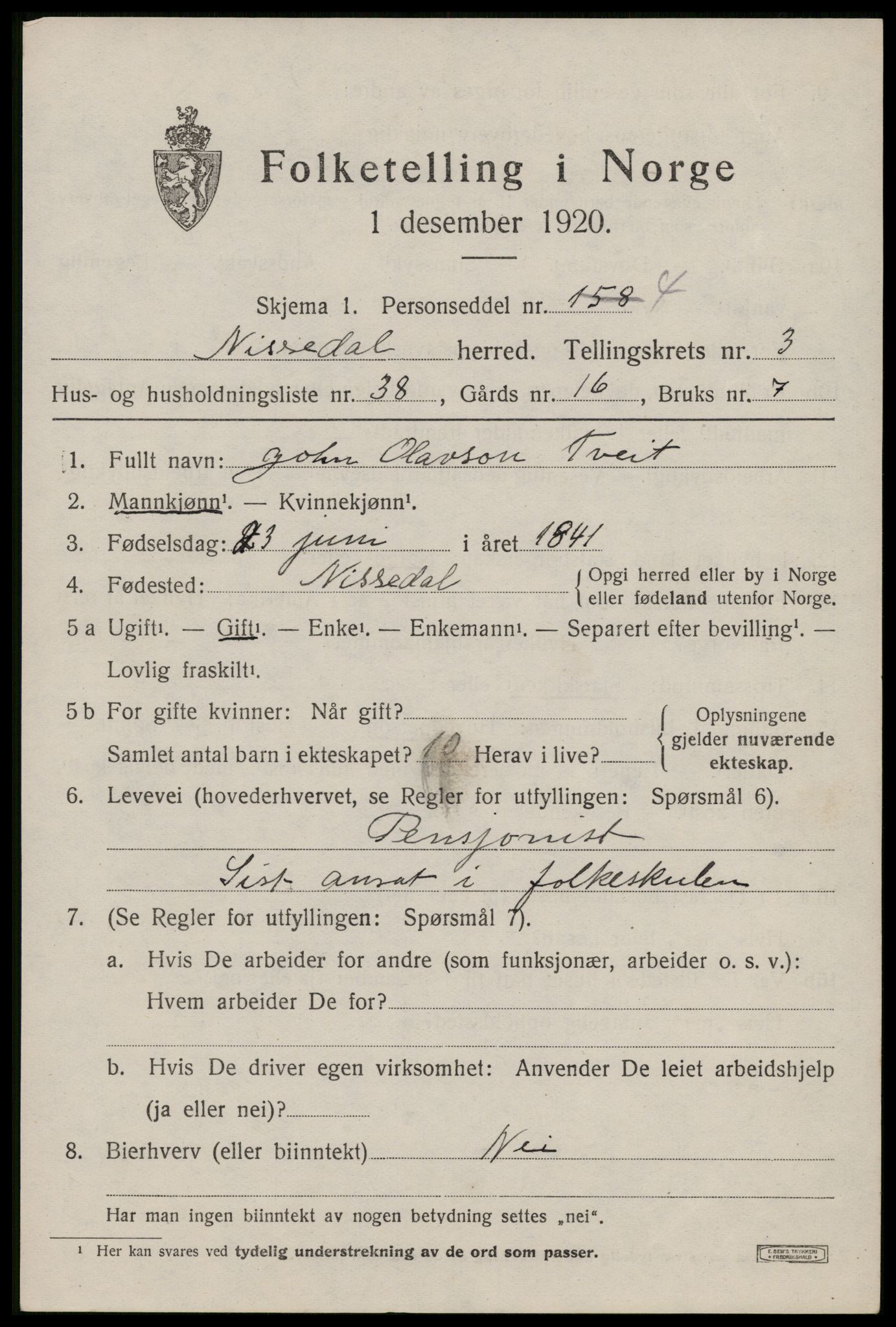 SAKO, Folketelling 1920 for 0830 Nissedal herred, 1920, s. 1813