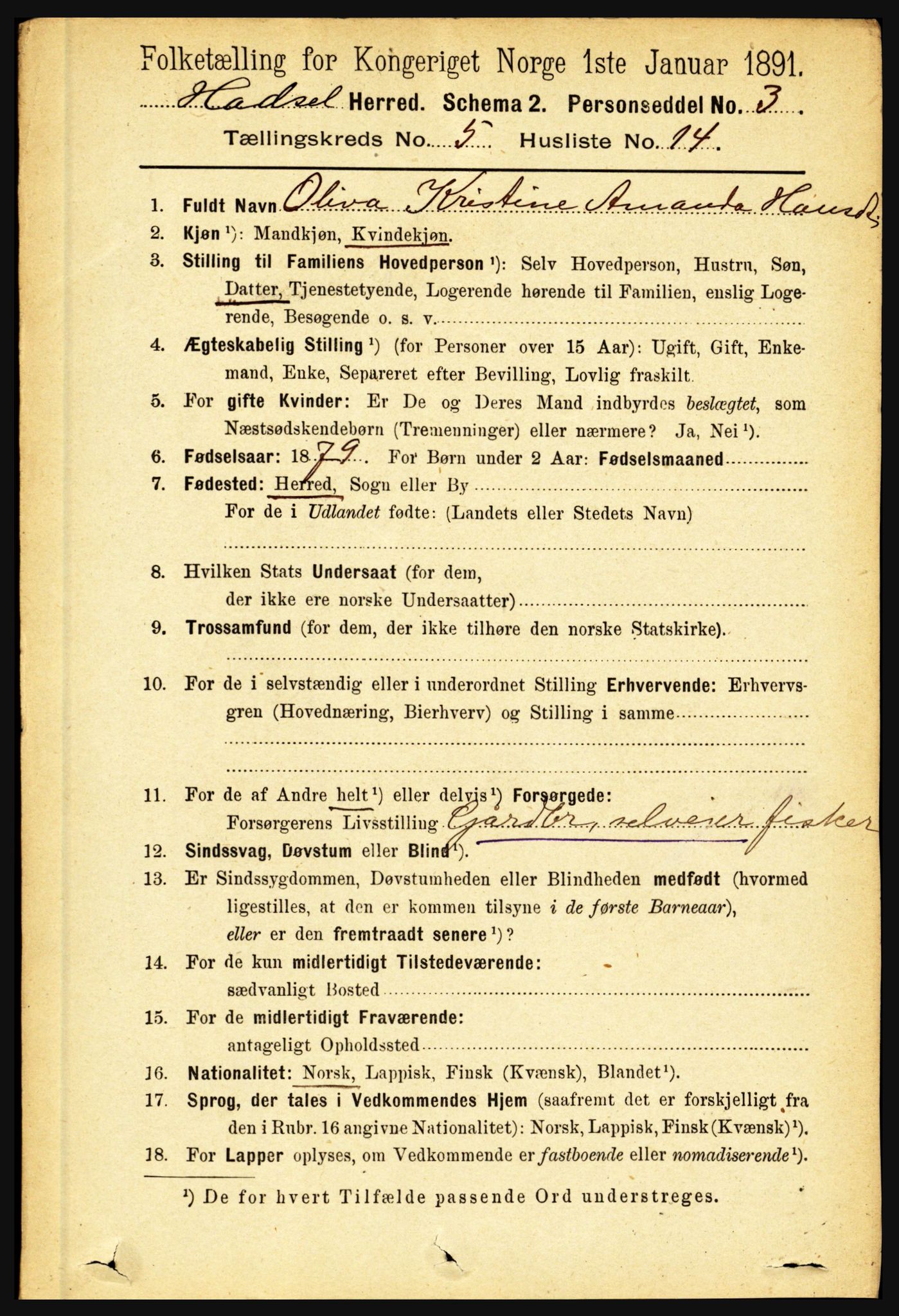 RA, Folketelling 1891 for 1866 Hadsel herred, 1891, s. 2219