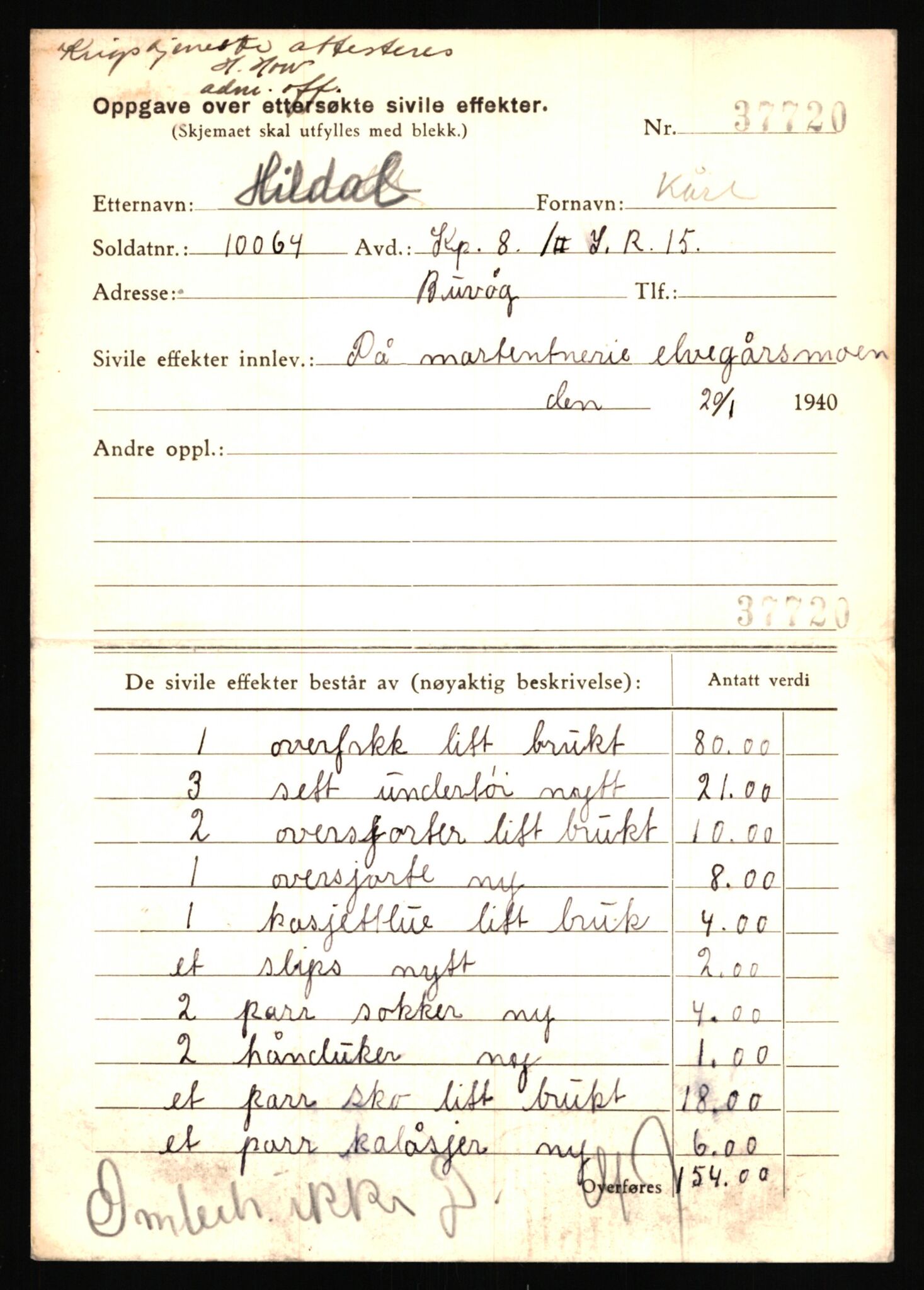 Justisdepartementet, Oppgjørsavdelingen, AV/RA-S-1056/G/Gb/L0032: Oppgaver over ettersøkte sivile effekter: Hildal - Holm, H., 1940-1942, s. 3