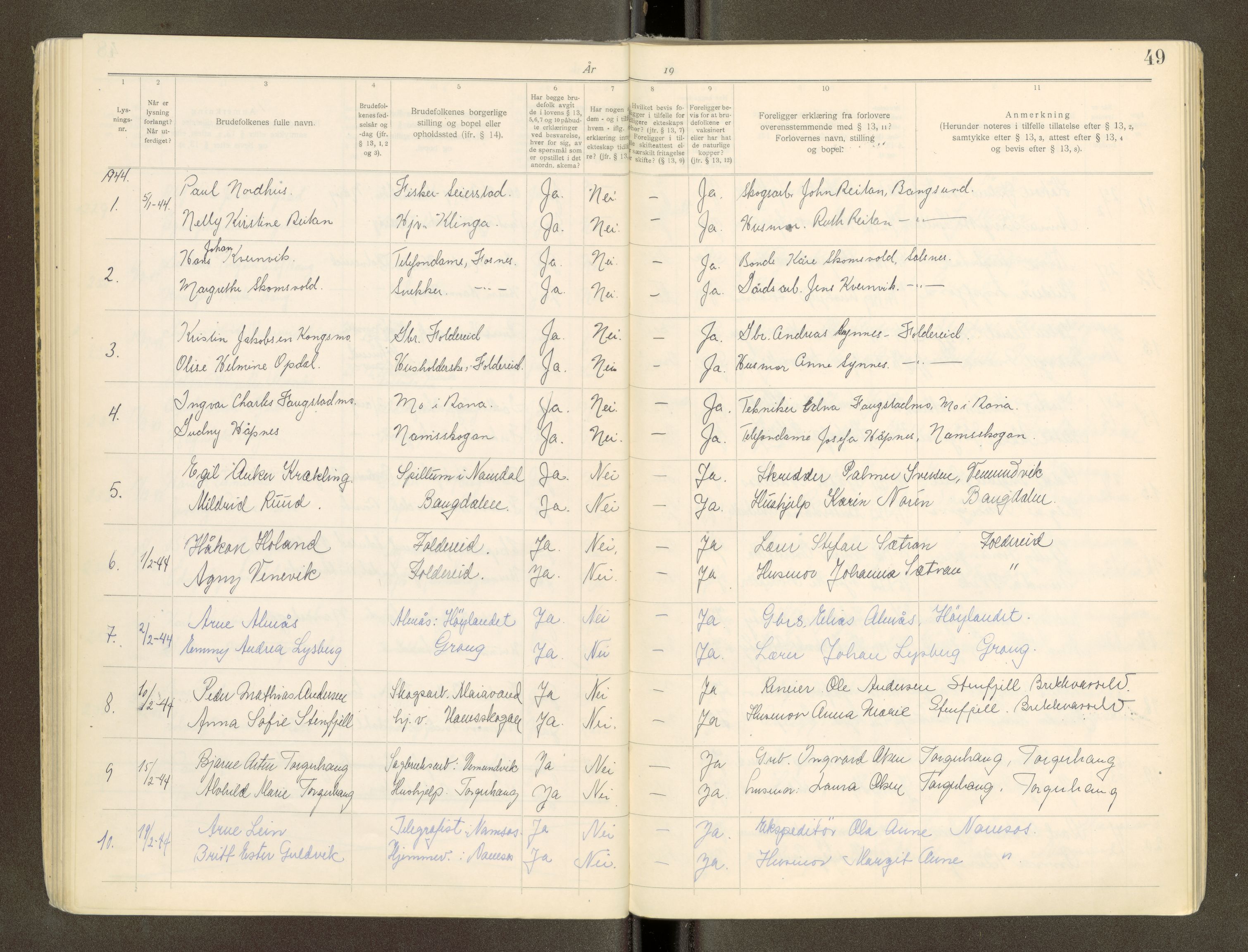 Namdal sorenskriveri, AV/SAT-A-4133/1/6/6D/L0002: Vigselbøker, 1940-1969, s. 49