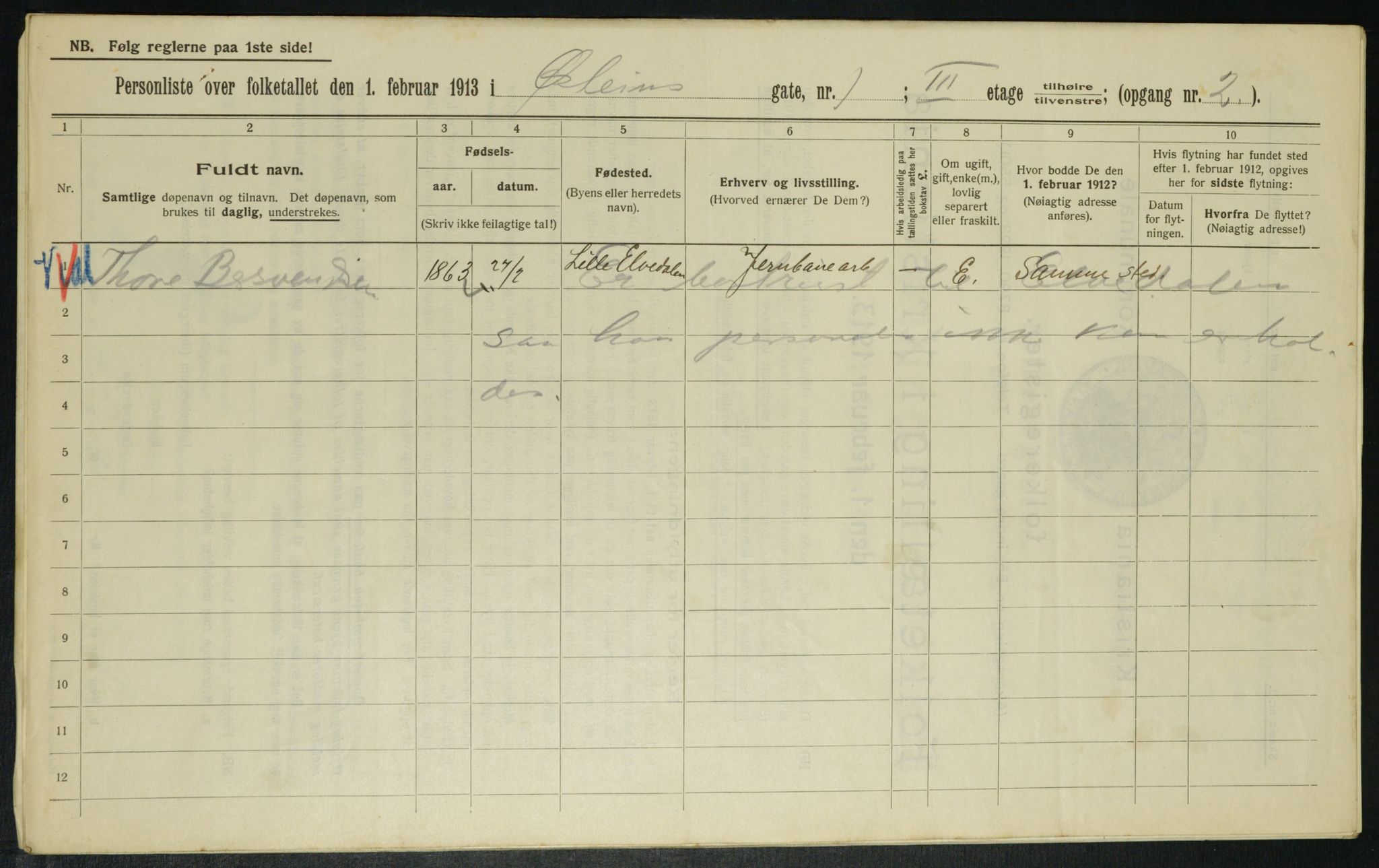 OBA, Kommunal folketelling 1.2.1913 for Kristiania, 1913, s. 130174