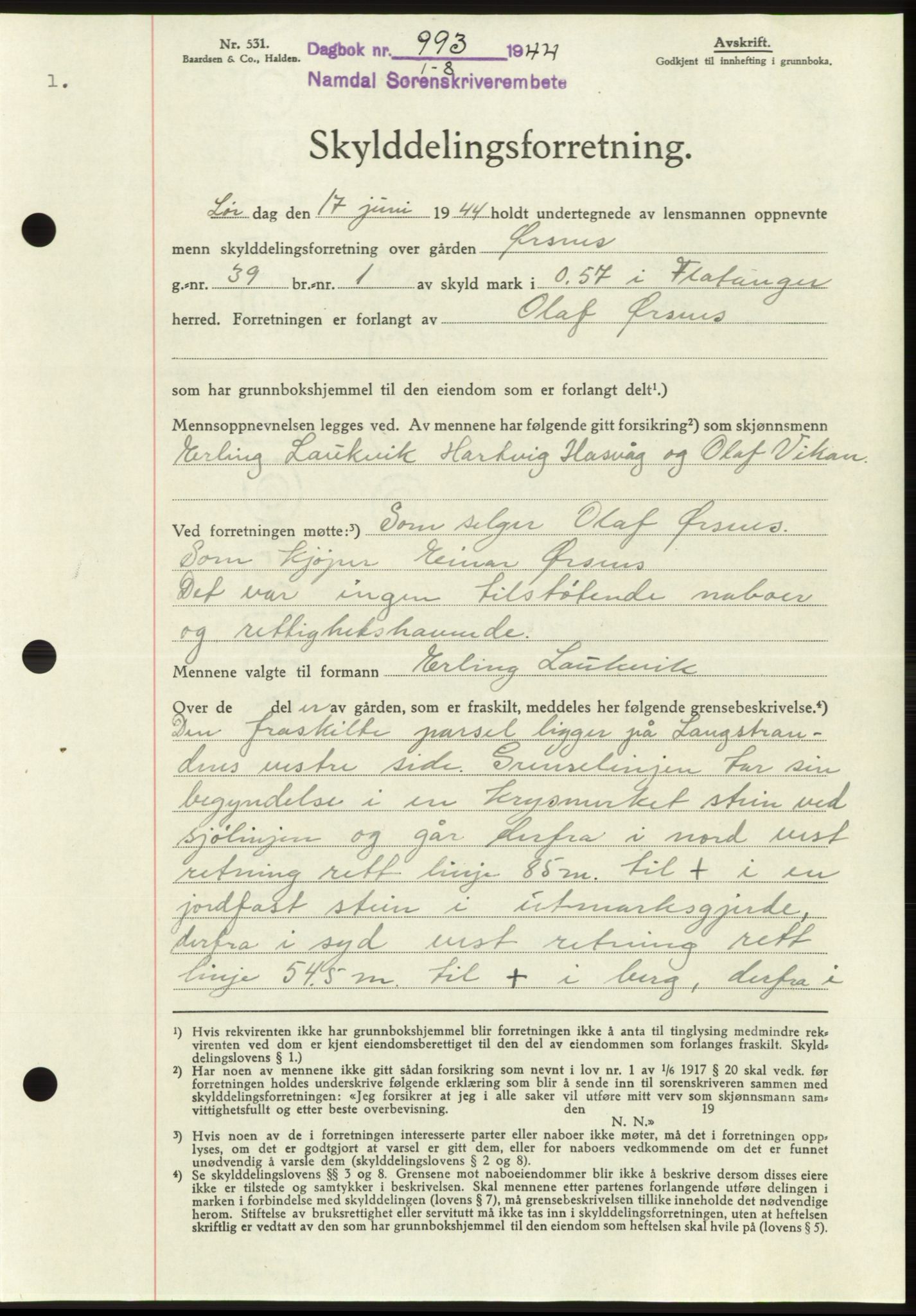 Namdal sorenskriveri, SAT/A-4133/1/2/2C: Pantebok nr. -, 1944-1945, Dagboknr: 993/1944