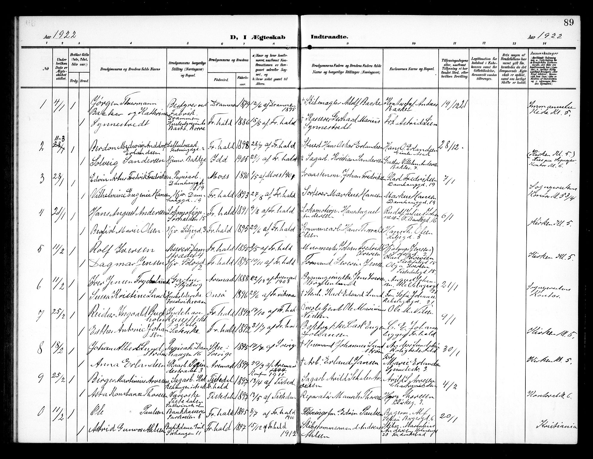 Halden prestekontor Kirkebøker, AV/SAO-A-10909/G/Ga/L0011: Klokkerbok nr. 11, 1906-1934, s. 89