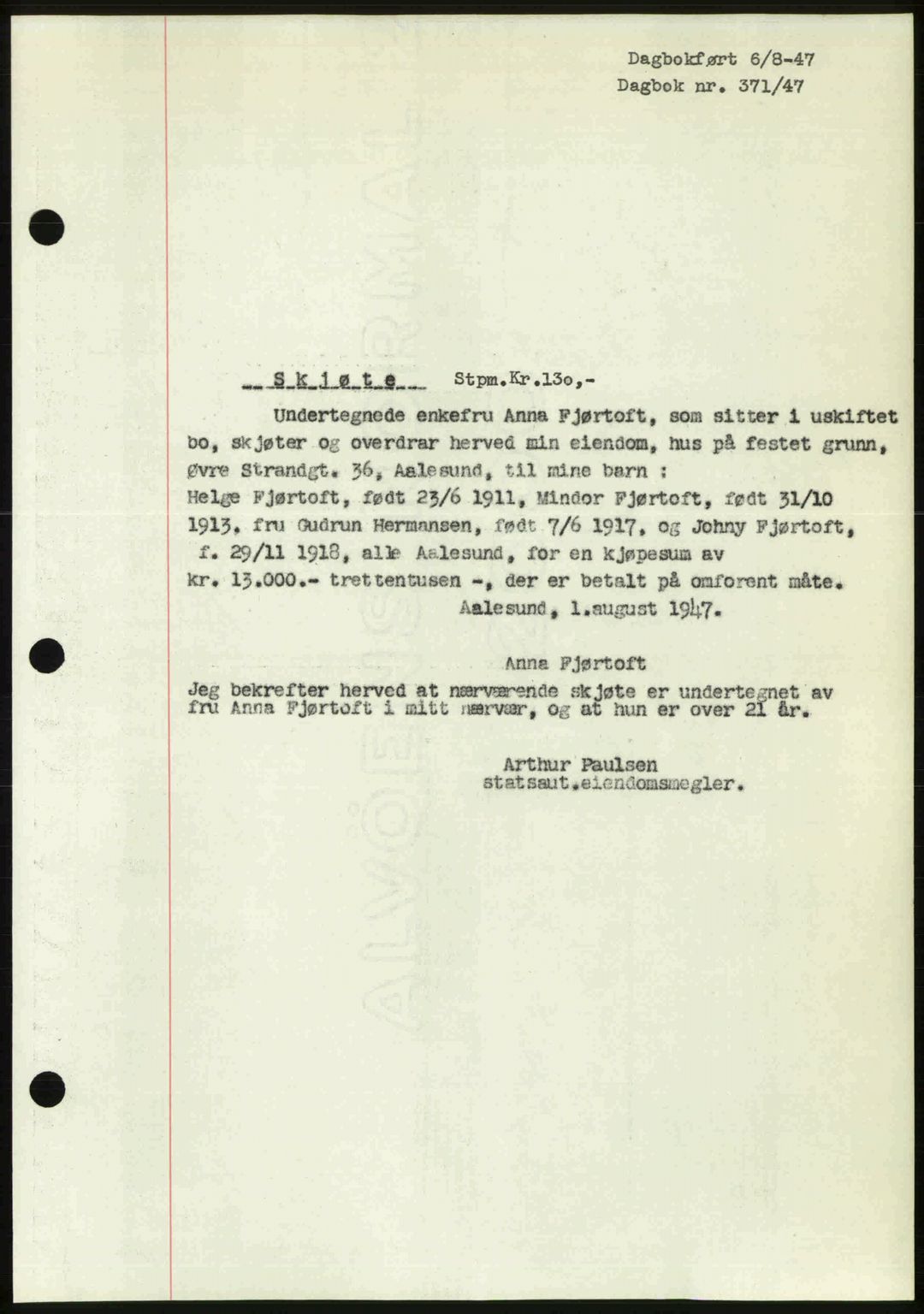 Ålesund byfogd, AV/SAT-A-4384: Pantebok nr. 37A (1), 1947-1949, Dagboknr: 371/1947