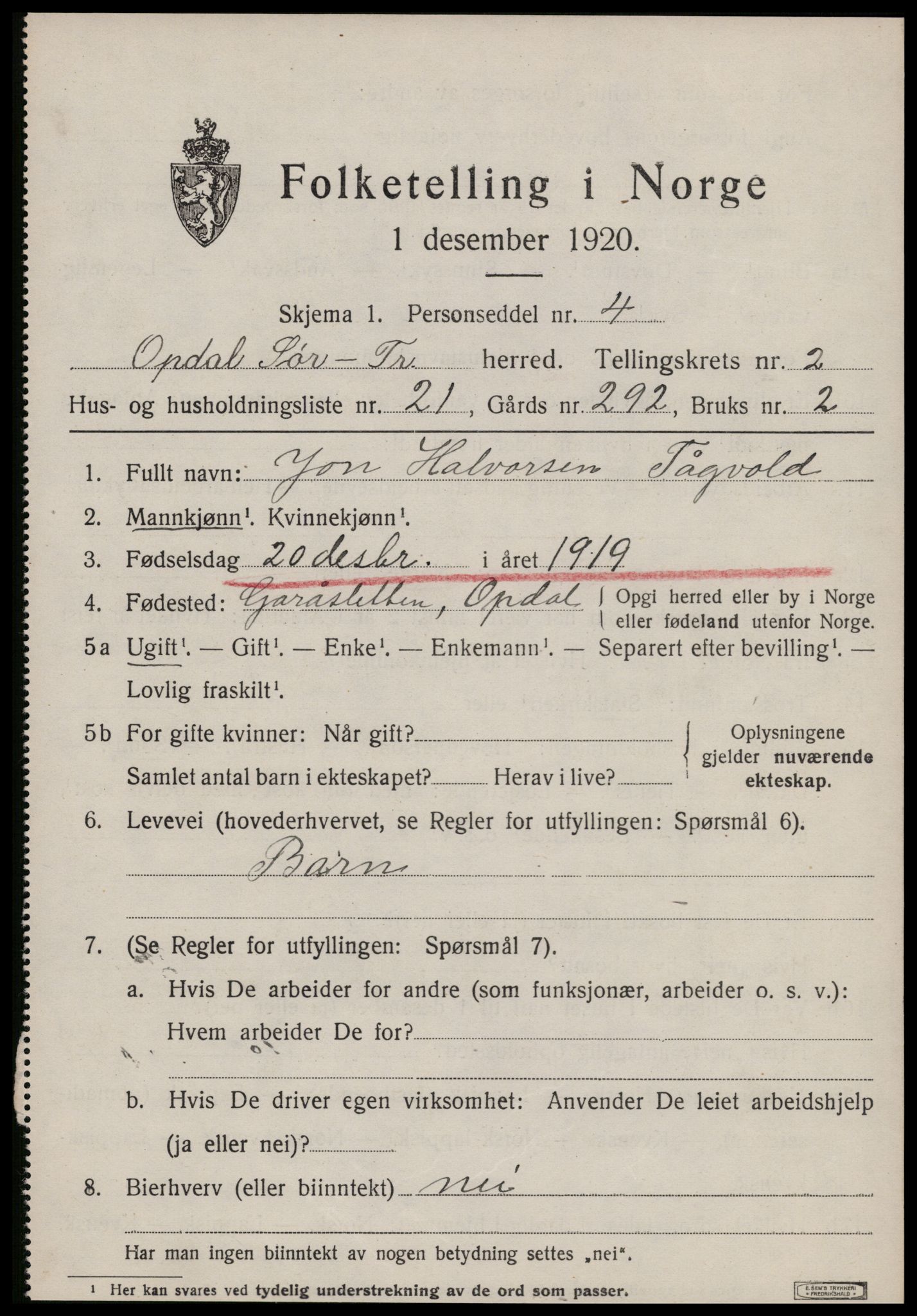 SAT, Folketelling 1920 for 1634 Oppdal herred, 1920, s. 2653