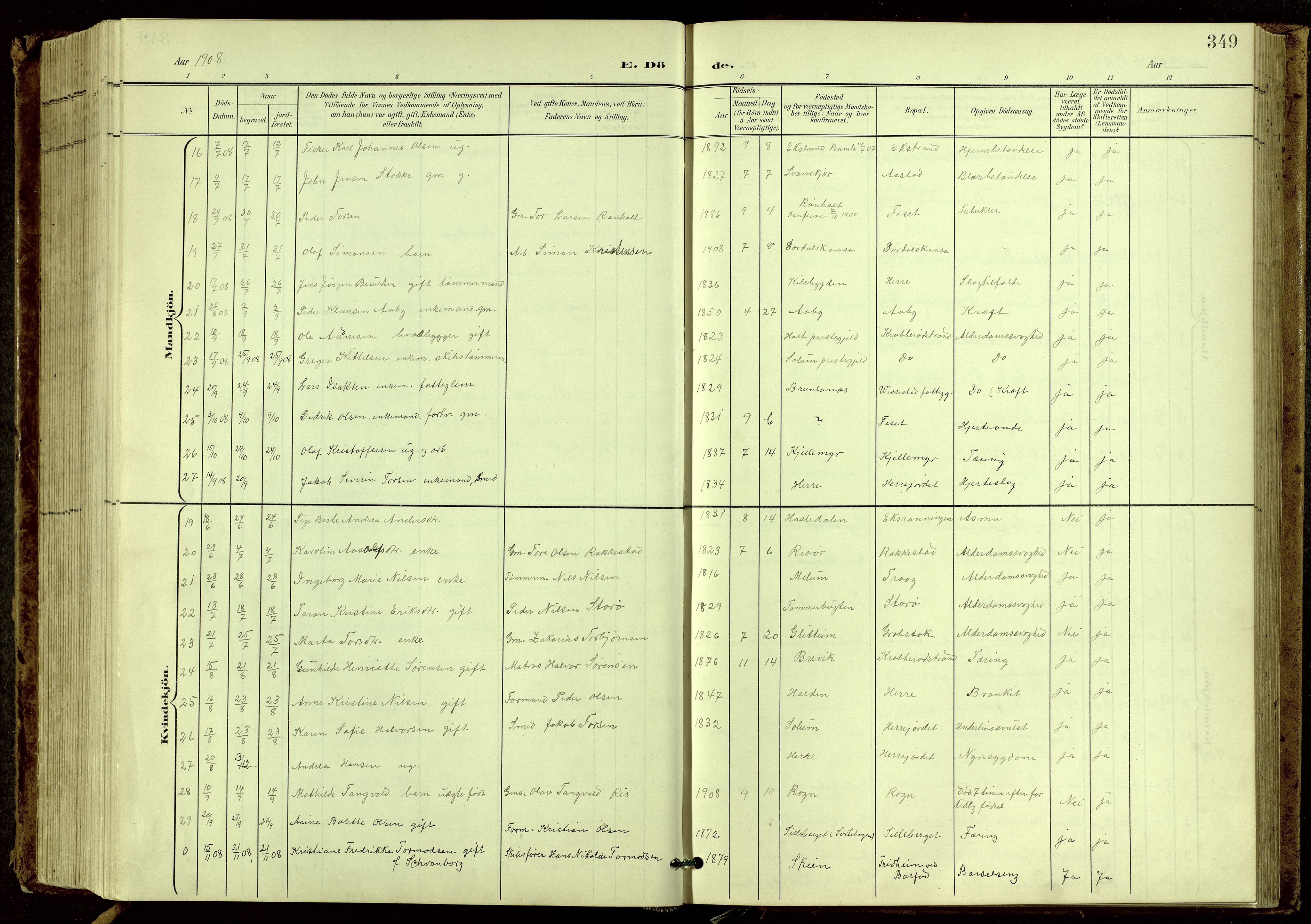 Bamble kirkebøker, AV/SAKO-A-253/G/Ga/L0010: Klokkerbok nr. I 10, 1901-1919, s. 349