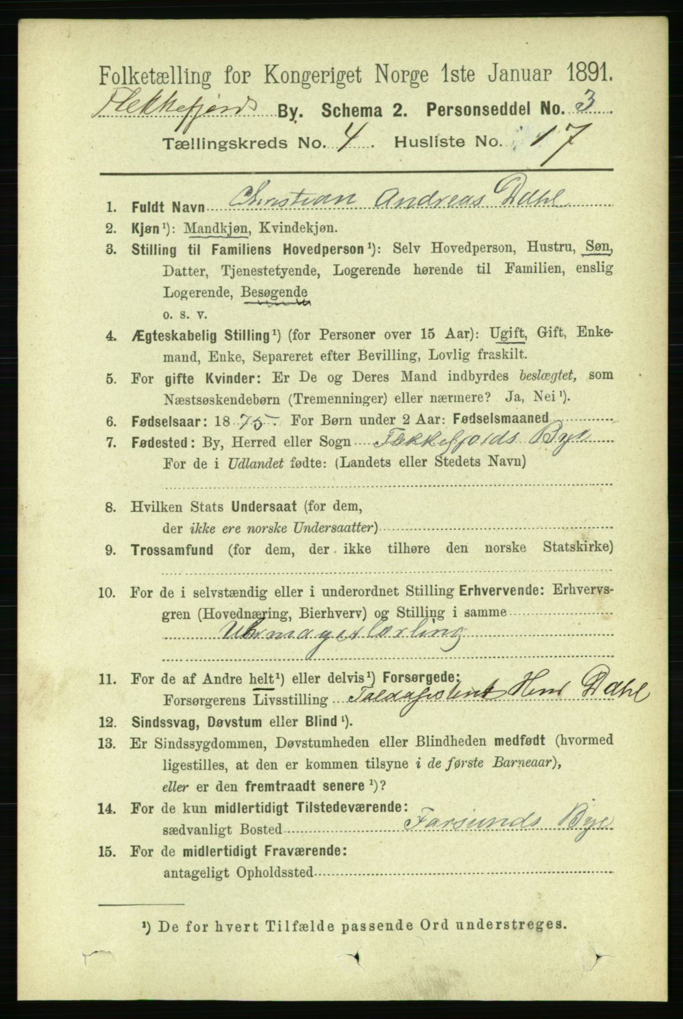 RA, Folketelling 1891 for 1004 Flekkefjord kjøpstad, 1891, s. 1119