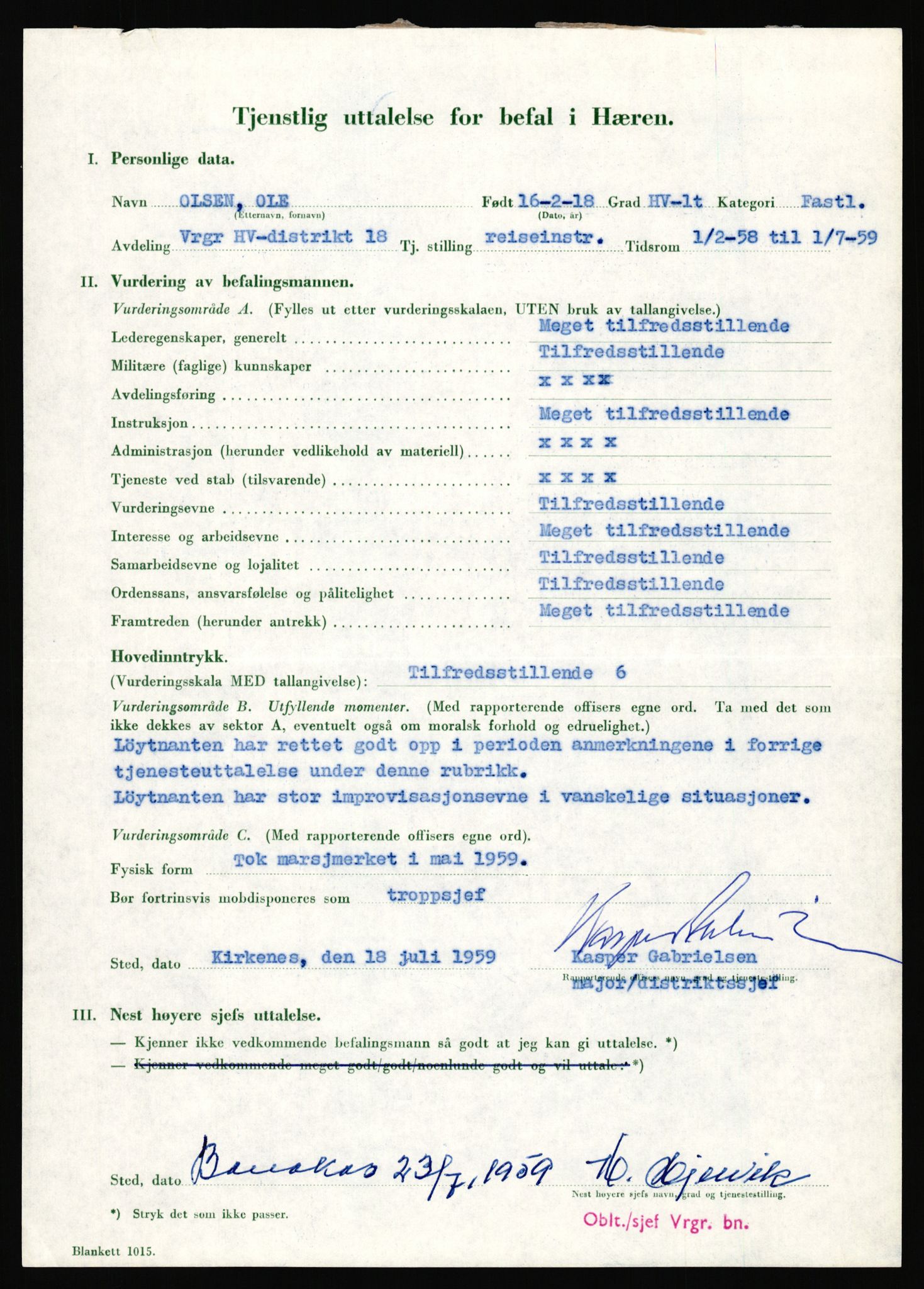 Forsvaret, Varanger bataljon, AV/RA-RAFA-2258/1/D/L0456: Rulleblad og tjenesteuttalelser for befal født 1916-1919 og 1921-1923, 1916-1923, s. 255