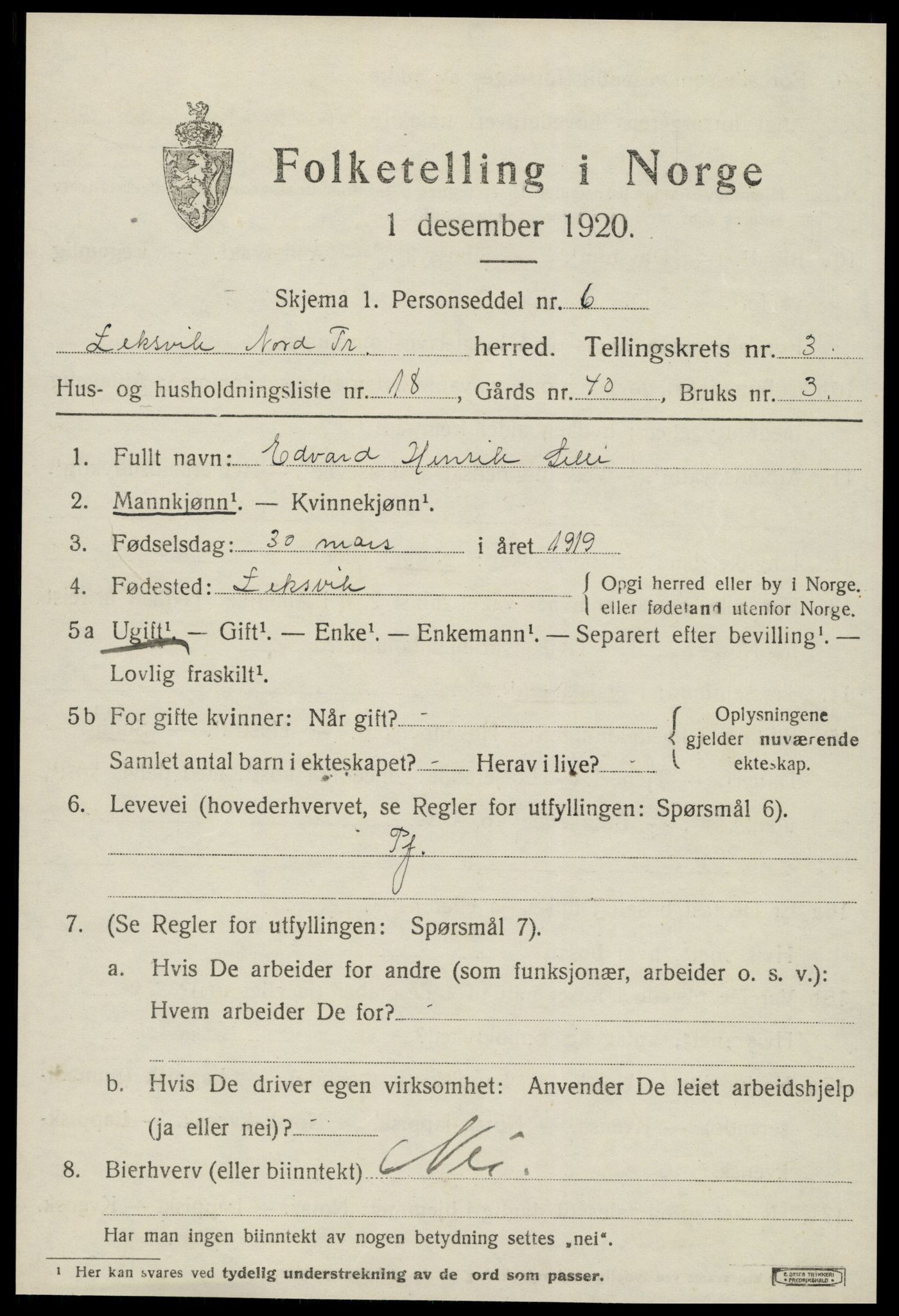SAT, Folketelling 1920 for 1718 Leksvik herred, 1920, s. 3132