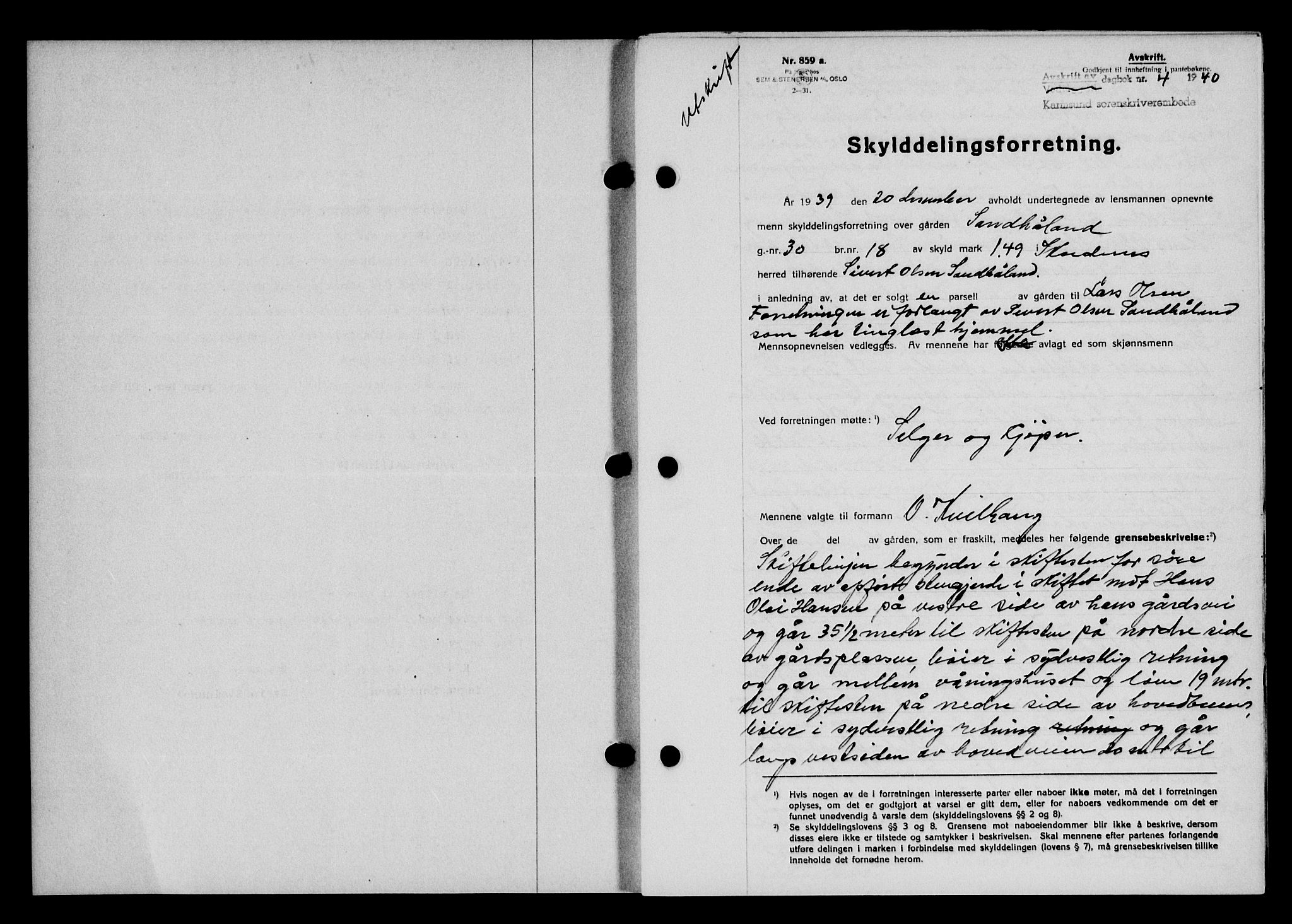 Karmsund sorenskriveri, SAST/A-100311/01/II/IIB/L0072: Pantebok nr. 53A, 1939-1940, Dagboknr: 4/1940