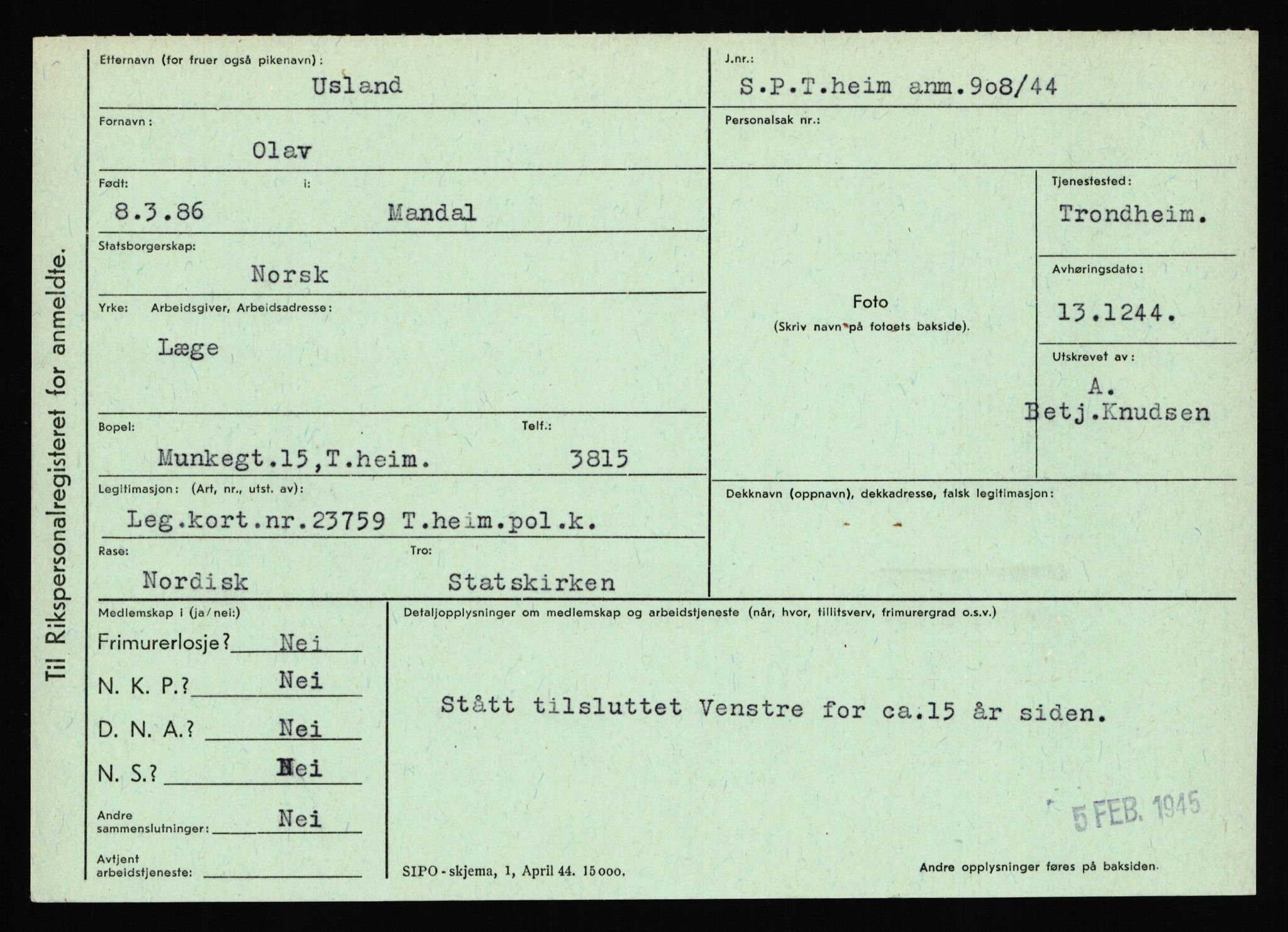 Statspolitiet - Hovedkontoret / Osloavdelingen, AV/RA-S-1329/C/Ca/L0016: Uberg - Øystese, 1943-1945, s. 325