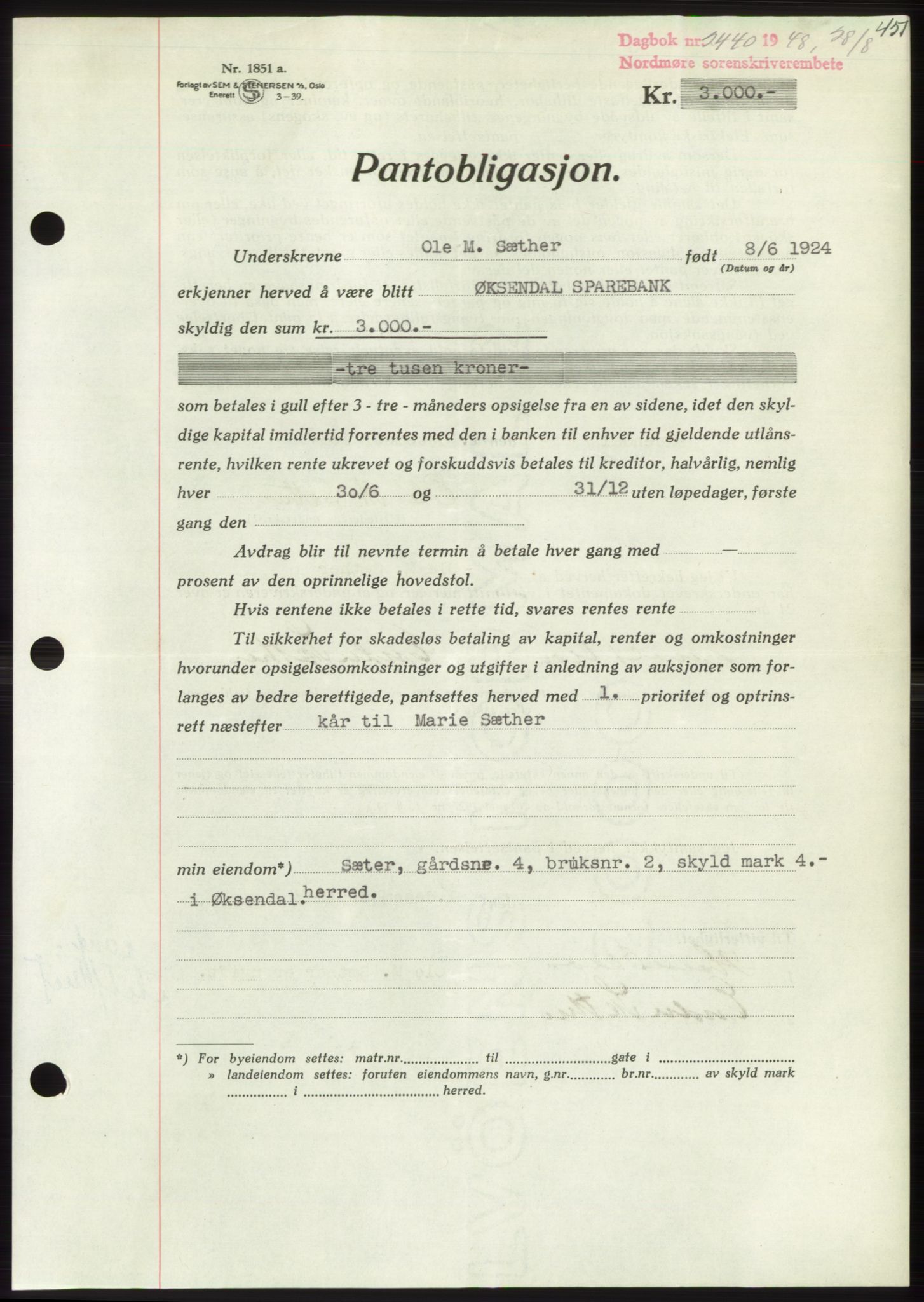 Nordmøre sorenskriveri, SAT/A-4132/1/2/2Ca: Pantebok nr. B99, 1948-1948, Dagboknr: 2440/1948