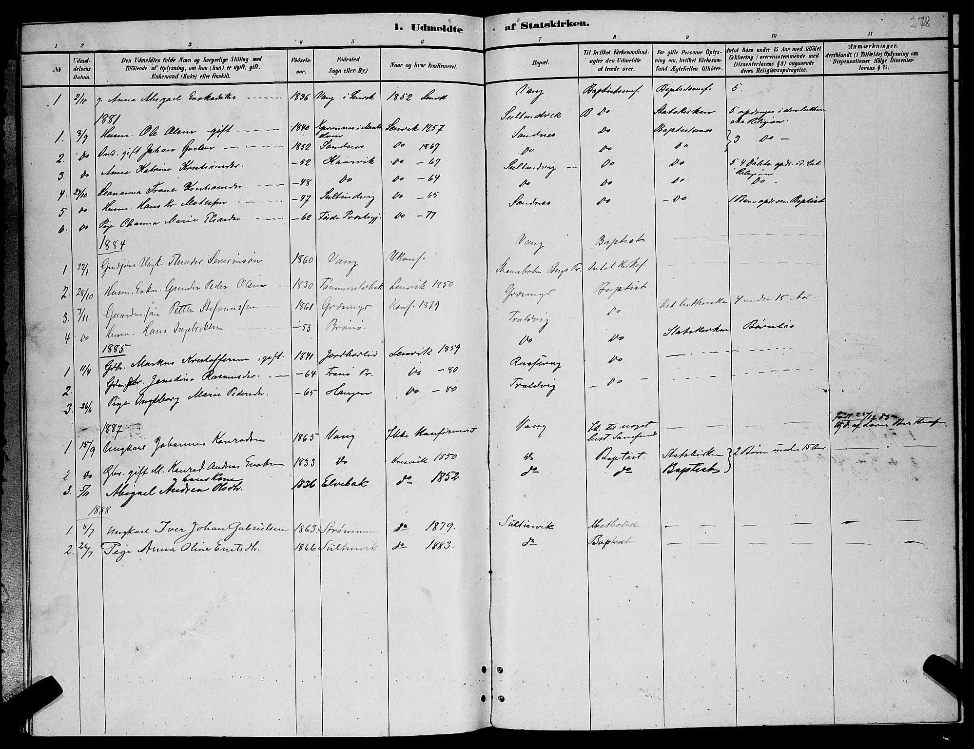 Lenvik sokneprestembete, AV/SATØ-S-1310/H/Ha/Hab/L0006klokker: Klokkerbok nr. 6, 1881-1889, s. 278