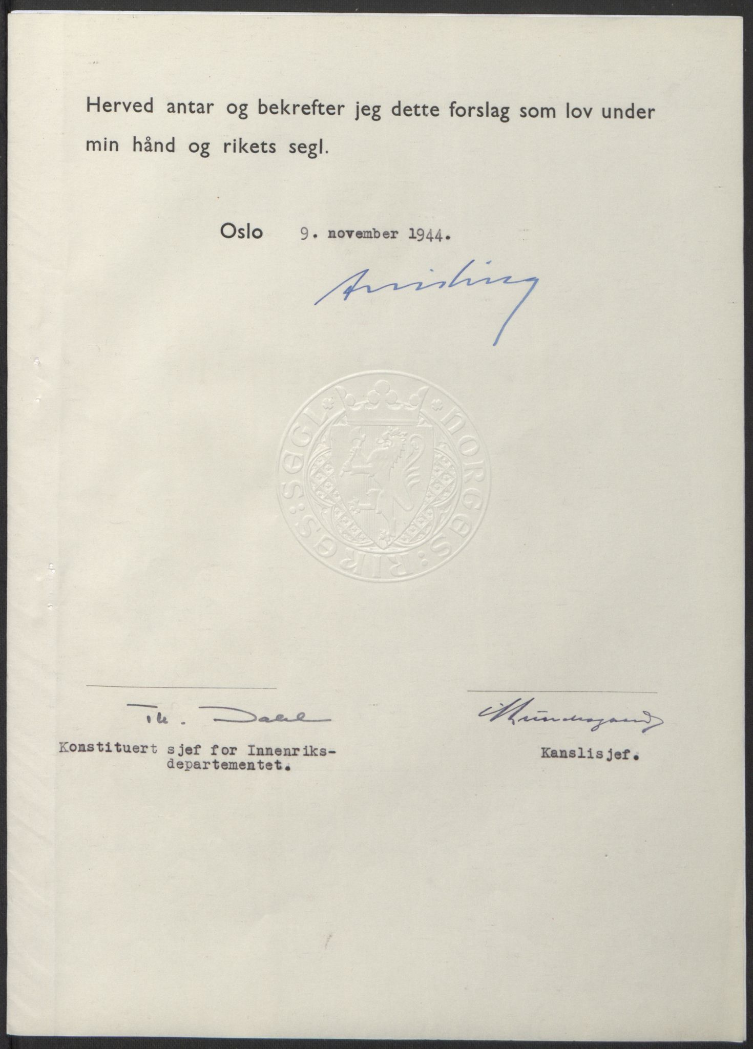 NS-administrasjonen 1940-1945 (Statsrådsekretariatet, de kommisariske statsråder mm), RA/S-4279/D/Db/L0100: Lover, 1944, s. 565