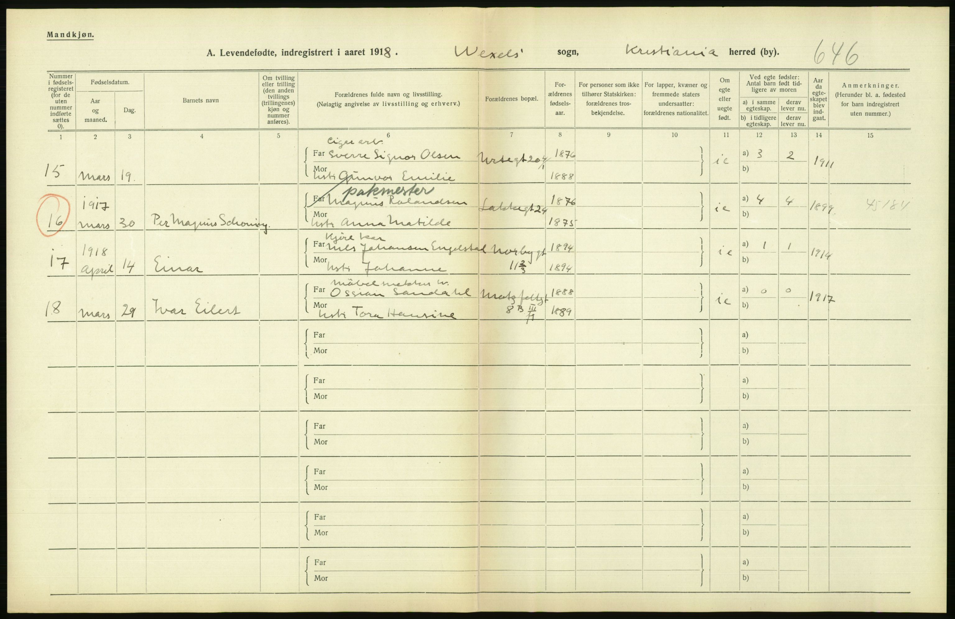 Statistisk sentralbyrå, Sosiodemografiske emner, Befolkning, AV/RA-S-2228/D/Df/Dfb/Dfbh/L0008: Kristiania: Levendefødte menn og kvinner., 1918, s. 788