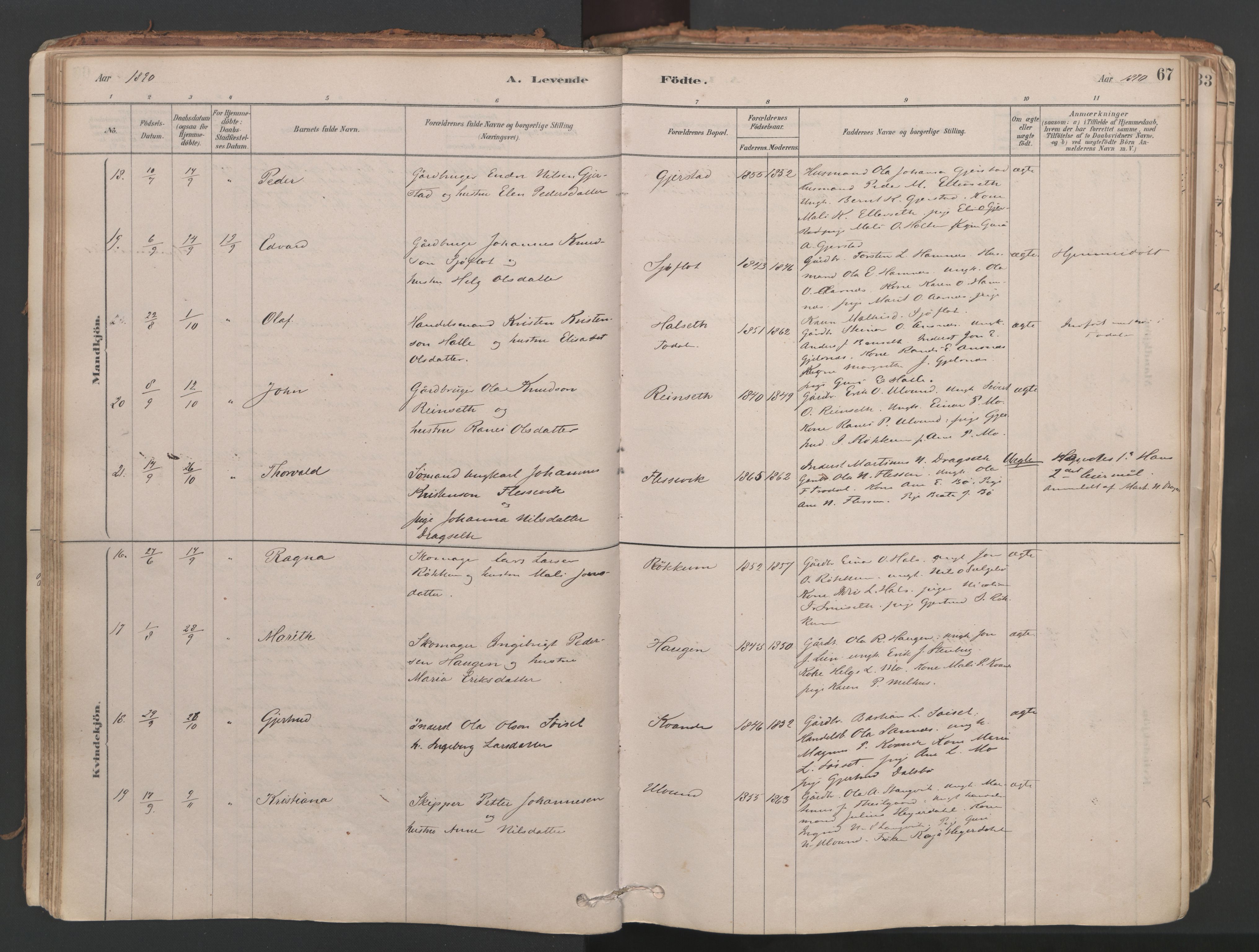 Ministerialprotokoller, klokkerbøker og fødselsregistre - Møre og Romsdal, AV/SAT-A-1454/592/L1029: Ministerialbok nr. 592A07, 1879-1902, s. 67