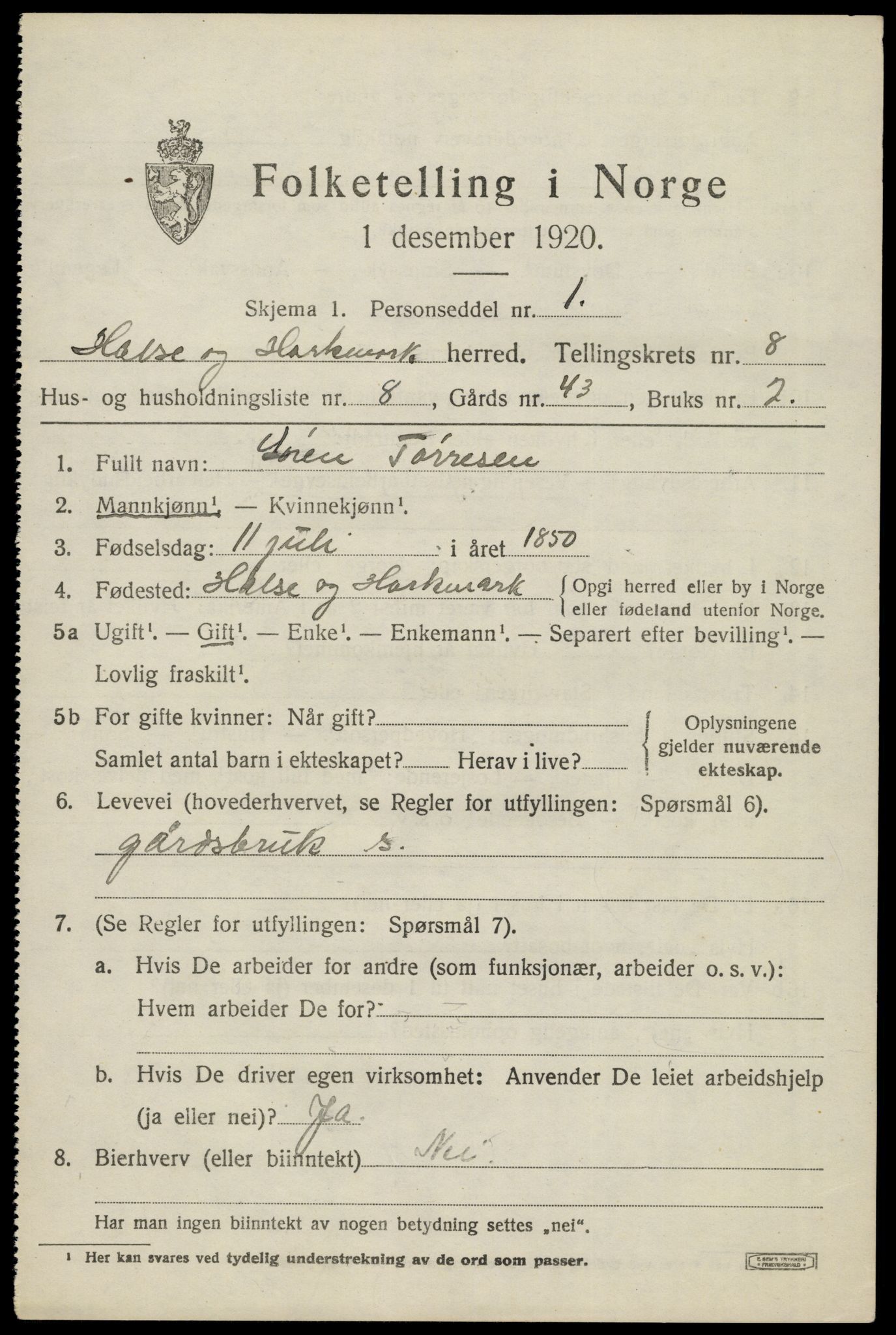 SAK, Folketelling 1920 for 1019 Halse og Harkmark herred, 1920, s. 4397