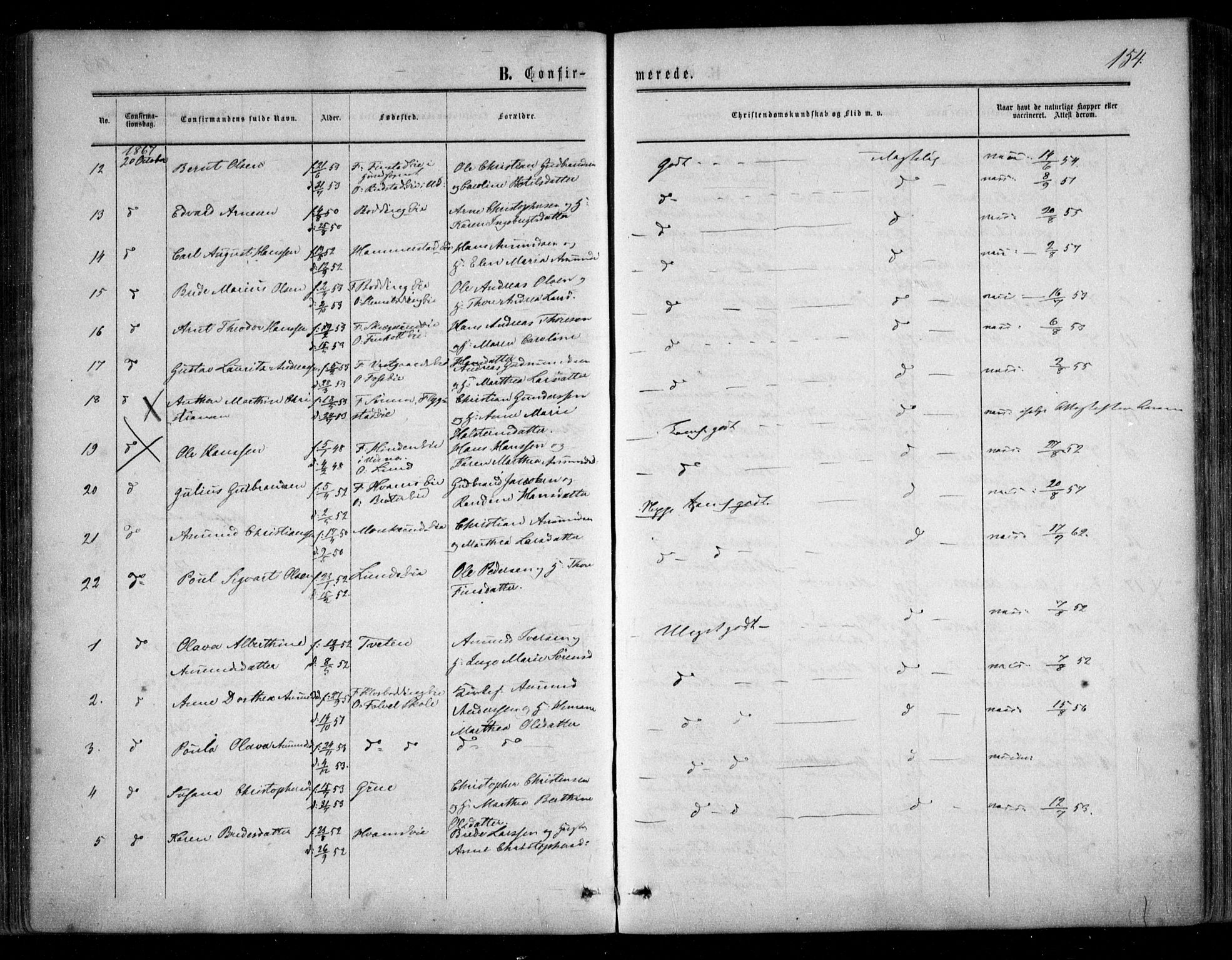 Nes prestekontor Kirkebøker, AV/SAO-A-10410/F/Fc/L0001: Ministerialbok nr. III 1, 1859-1882, s. 154