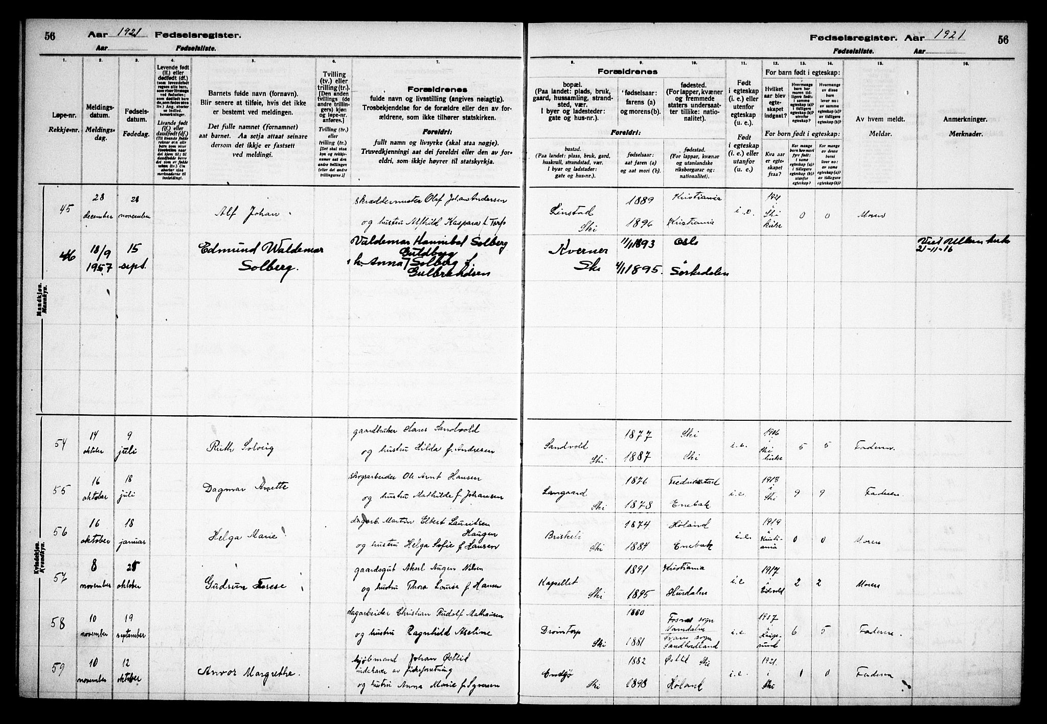 Kråkstad prestekontor Kirkebøker, AV/SAO-A-10125a/J/Jb/L0001: Fødselsregister nr. II 1, 1916-1936, s. 56