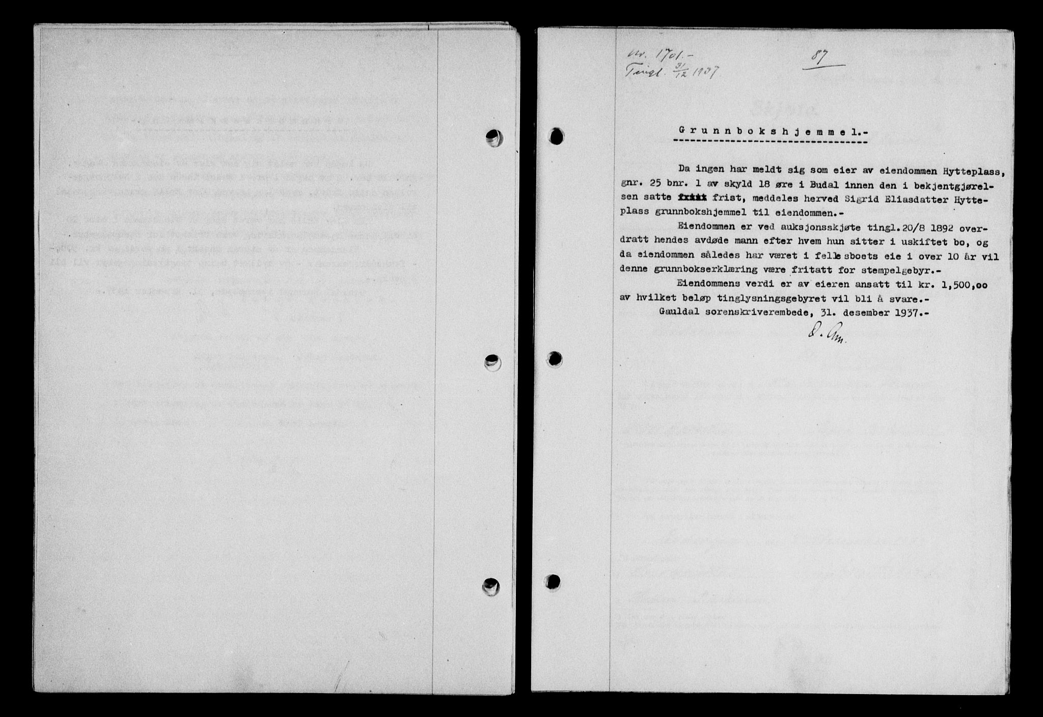 Gauldal sorenskriveri, SAT/A-0014/1/2/2C/L0048: Pantebok nr. 51-52, 1937-1938, s. 87, Dagboknr: 1701/1937