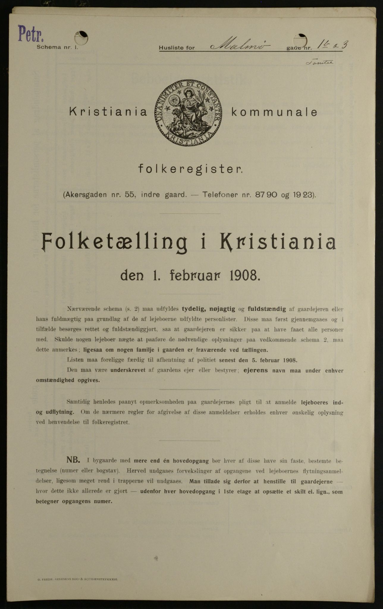 OBA, Kommunal folketelling 1.2.1908 for Kristiania kjøpstad, 1908, s. 53755