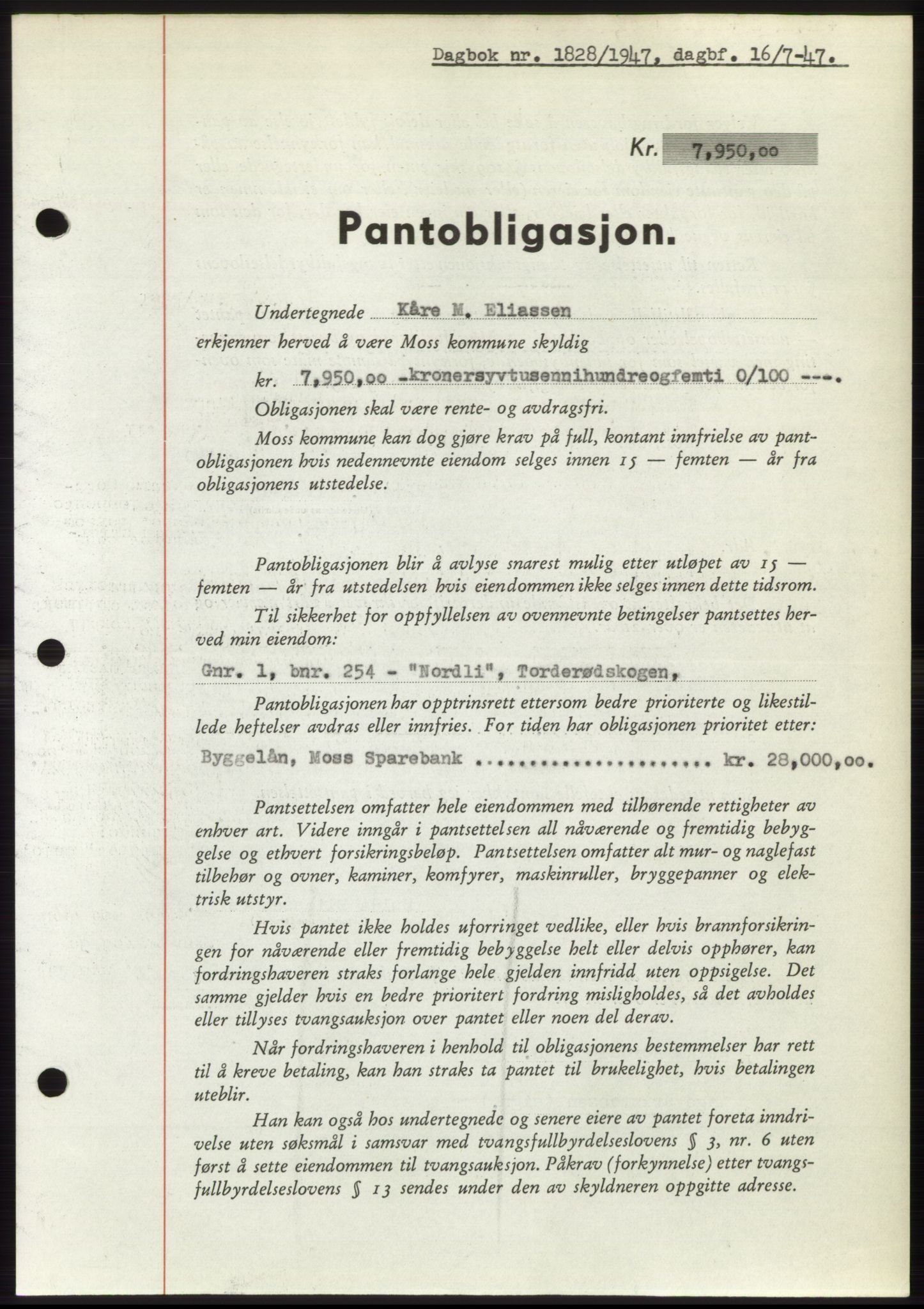 Moss sorenskriveri, SAO/A-10168: Pantebok nr. B17, 1947-1947, Dagboknr: 1828/1947