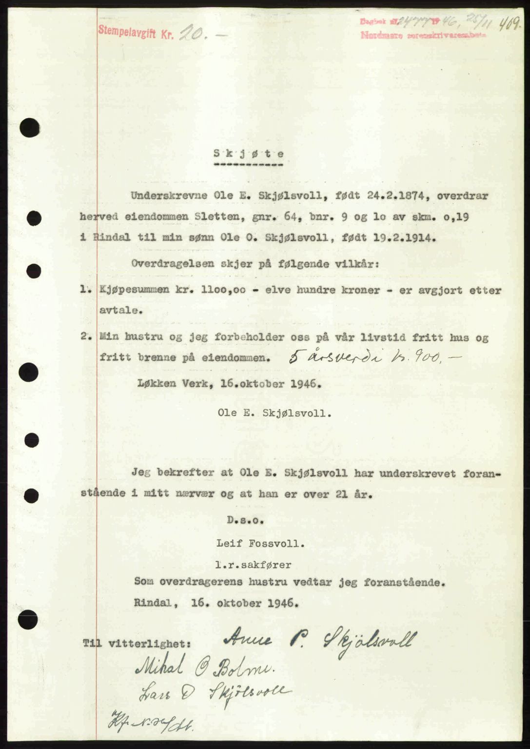 Nordmøre sorenskriveri, SAT/A-4132/1/2/2Ca: Pantebok nr. A103, 1946-1947, Dagboknr: 2477/1946