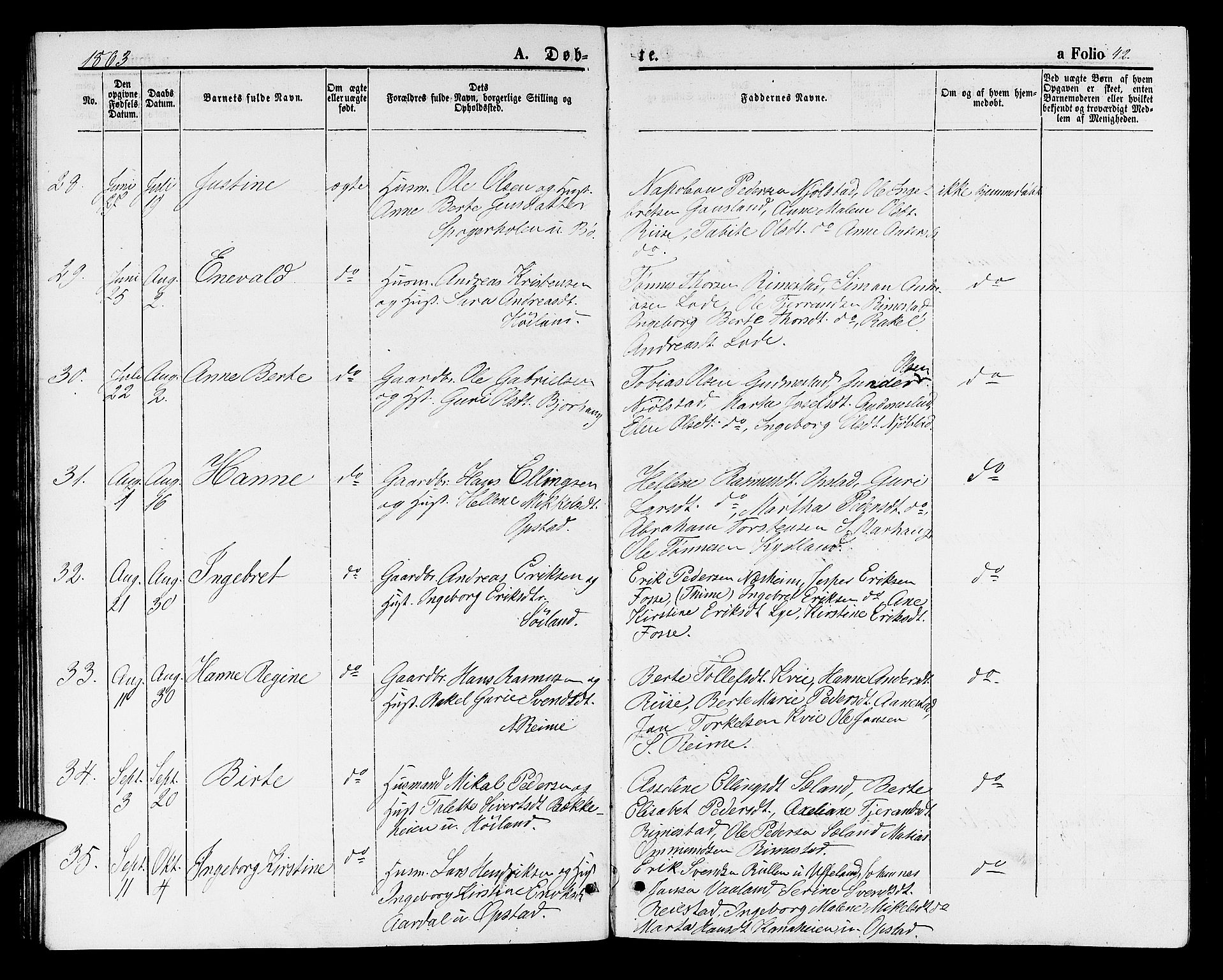 Hå sokneprestkontor, AV/SAST-A-101801/001/30BB/L0001: Klokkerbok nr. B 1, 1854-1883, s. 42