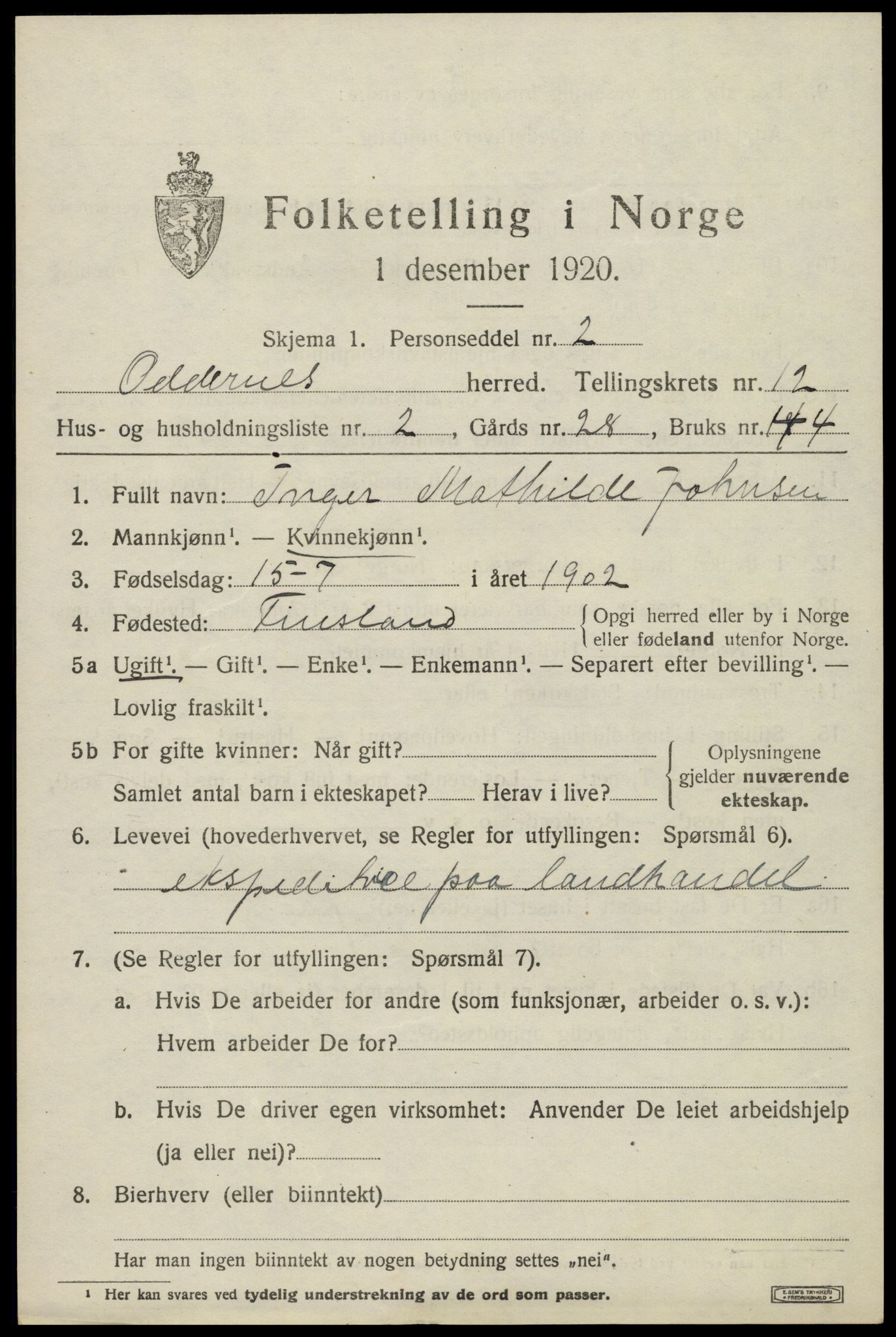 SAK, Folketelling 1920 for 1012 Oddernes herred, 1920, s. 7609