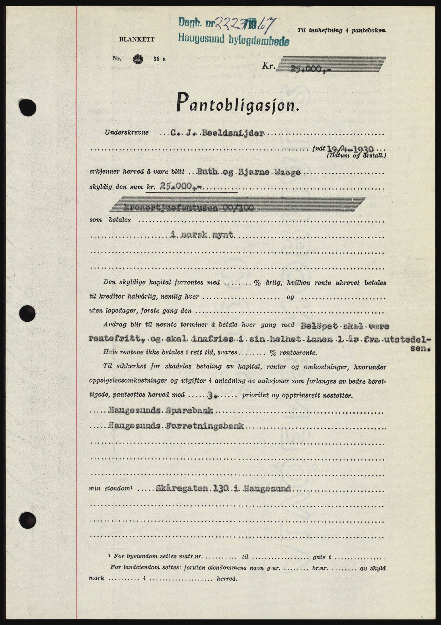 Haugesund tingrett, SAST/A-101415/01/II/IIC/L0057: Pantebok nr. B 57, 1967-1967, Dagboknr: 2223/1967