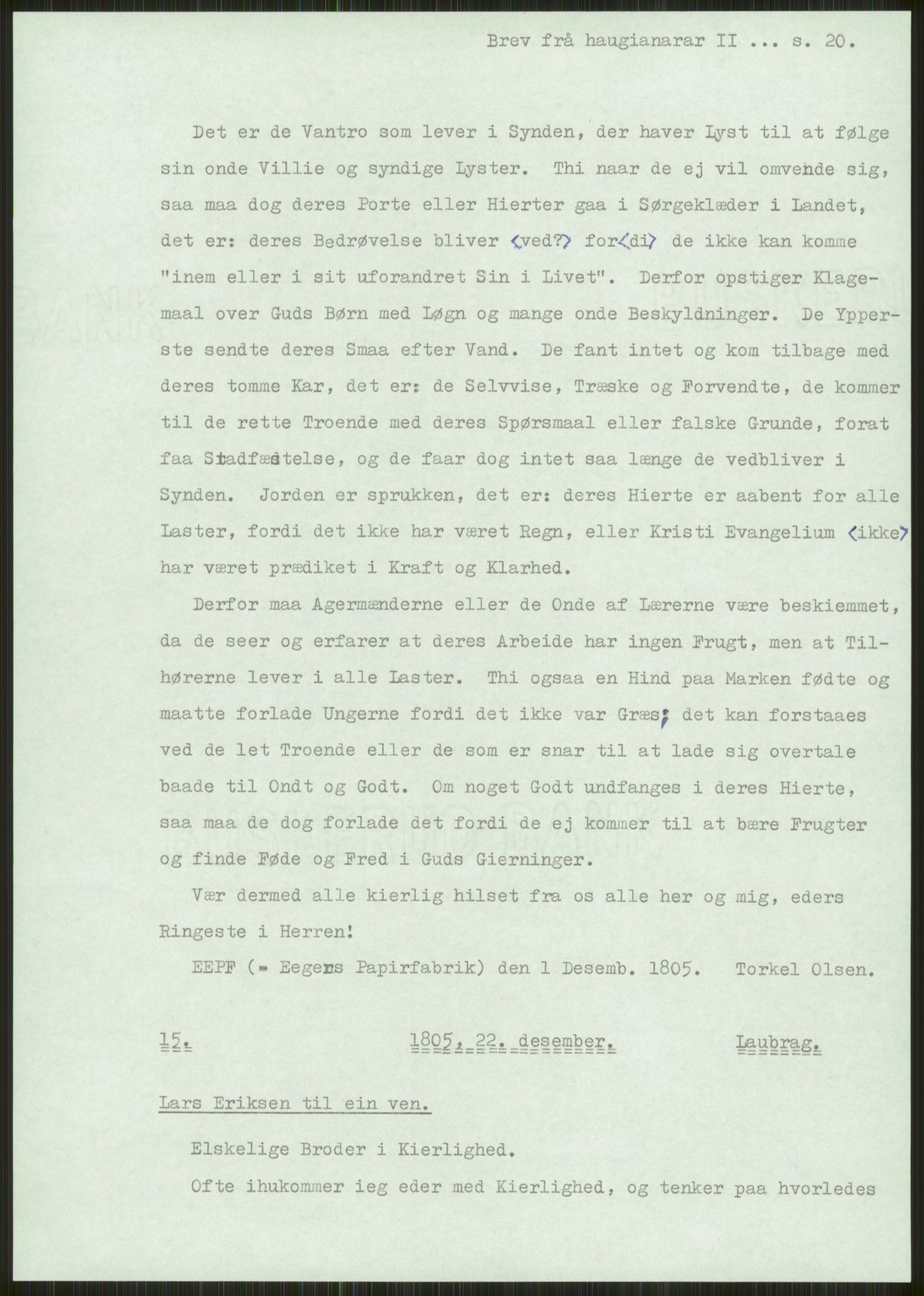 Samlinger til kildeutgivelse, Haugianerbrev, AV/RA-EA-6834/F/L0002: Haugianerbrev II: 1805-1821, 1805-1821, s. 20