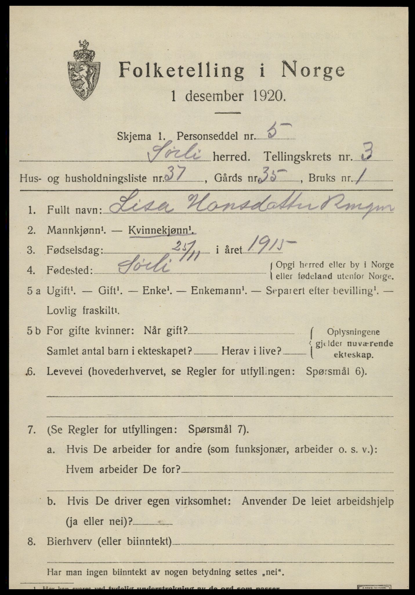 SAT, Folketelling 1920 for 1737 Sørli herred, 1920, s. 1511