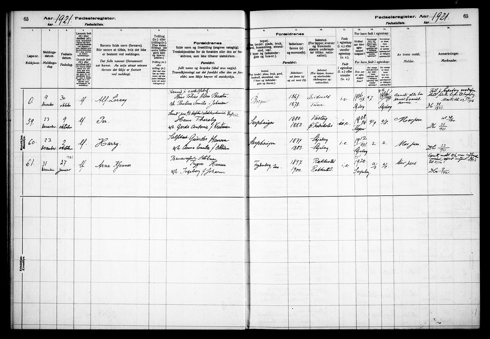 Skjeberg prestekontor Kirkebøker, AV/SAO-A-10923/J/Jd/L0001: Fødselsregister nr. IV 1, 1916-1935, s. 65