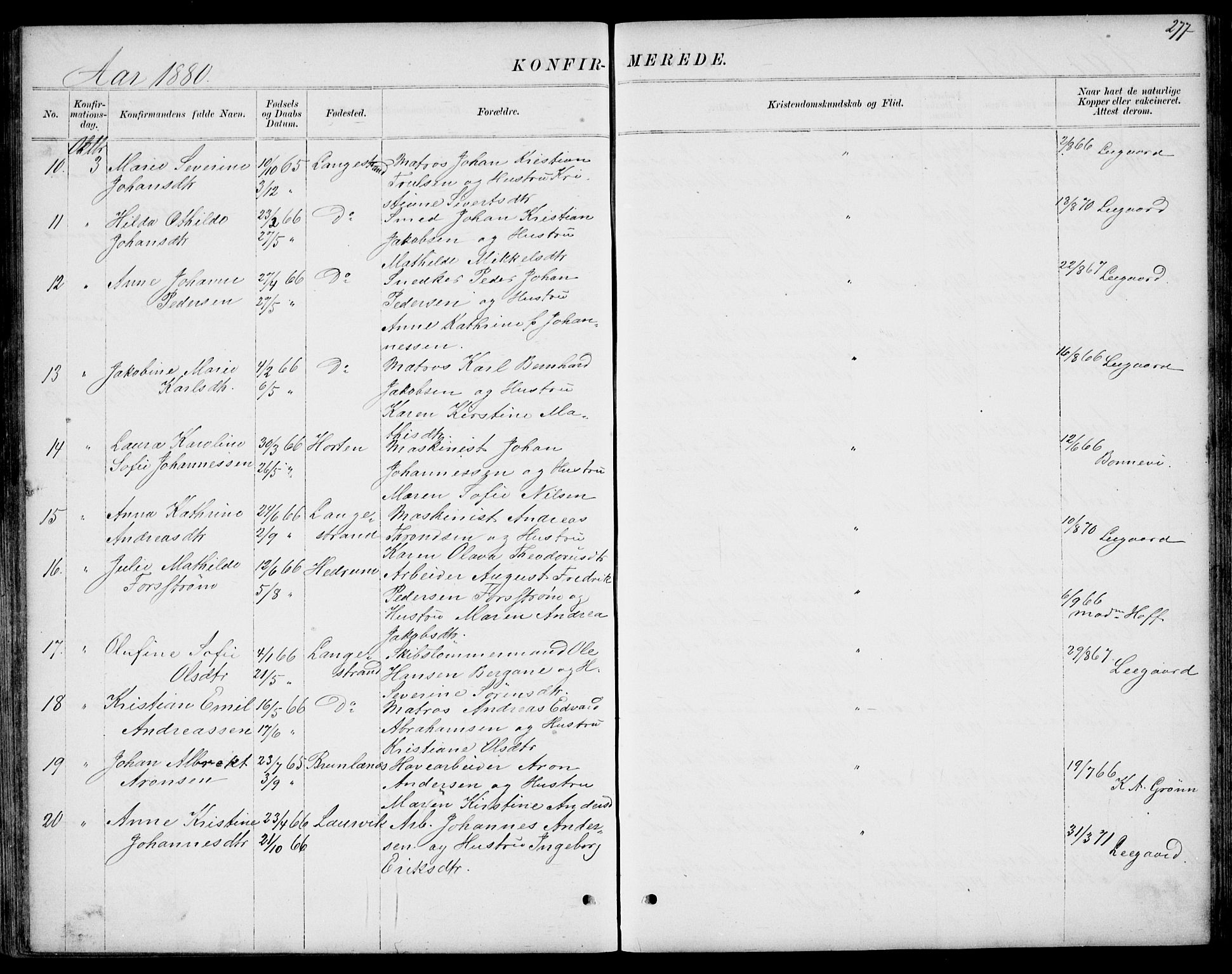 Larvik kirkebøker, AV/SAKO-A-352/G/Gb/L0003: Klokkerbok nr. II 3, 1867-1899, s. 277